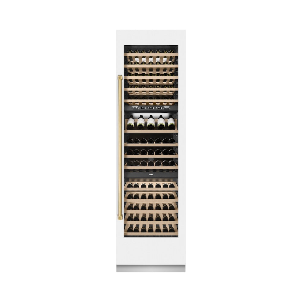 ZLINE Autograph Edition 24 Inch 12.4 cu ft Triple Zone 100 Bottle Wine Cooler Refrigerator - White Matte with Gold Accents for Kitchen, Dining Room or Wine Cellar Storage