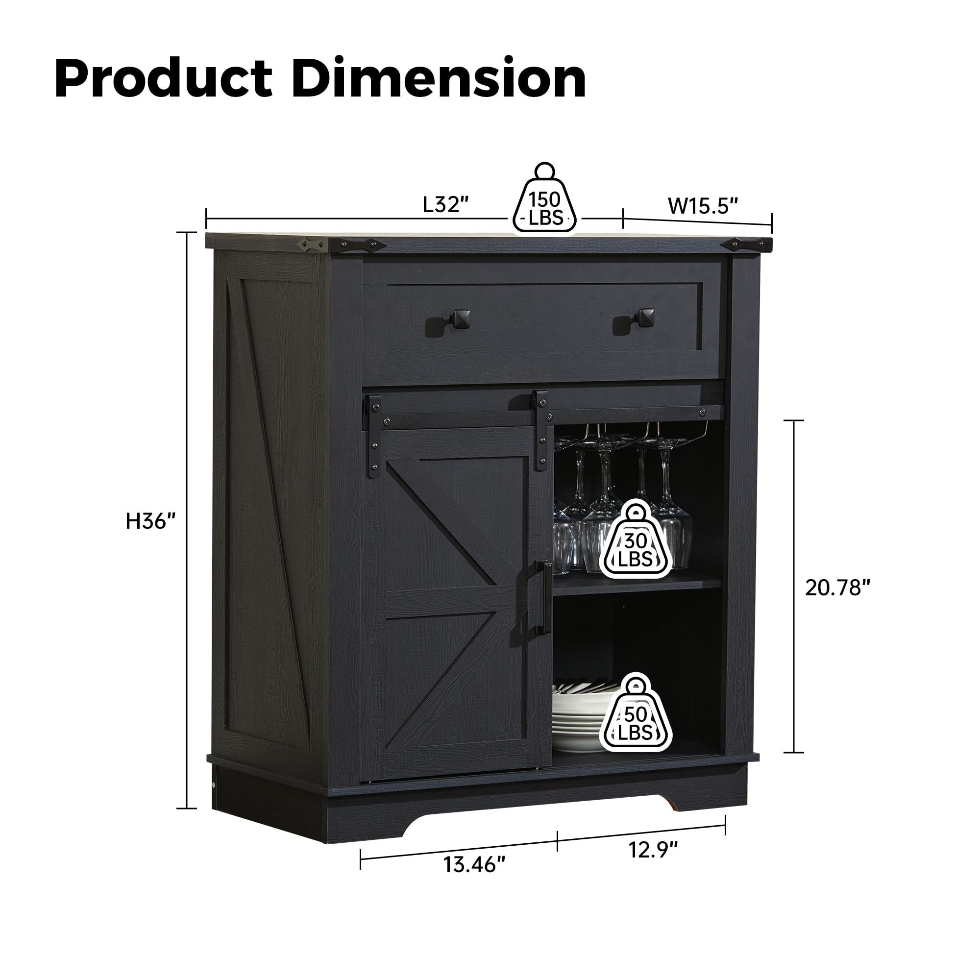 Farmhouse Buffet Cabinet with Storage - Coffee Bar Sideboard with Goblet Holder, Drawers & Barn Doors - Perfect for Kitchen, Dining Room & Living Room Decor - Black Rustic Storage Cabinet for Wine Glasses, Dishes & Entertaining Essentials