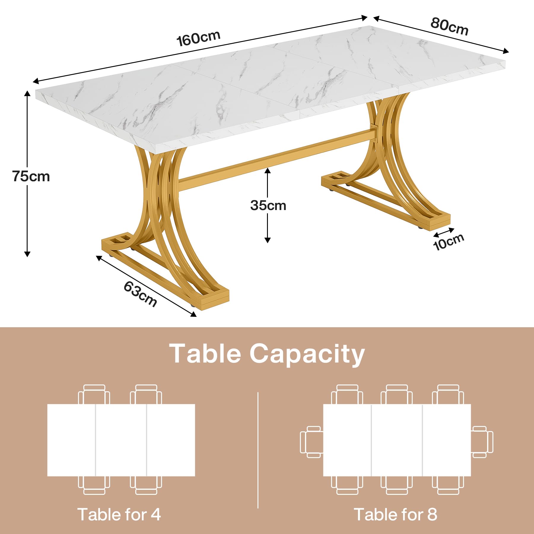 Tribesigns 63-Inch Modern Rectangular Dining Table for 4-6 People - White Faux Marble Top with Gold Metal Legs - Kitchen & Dining Room Furniture for Family Gatherings, Dinner Parties & Home Decor