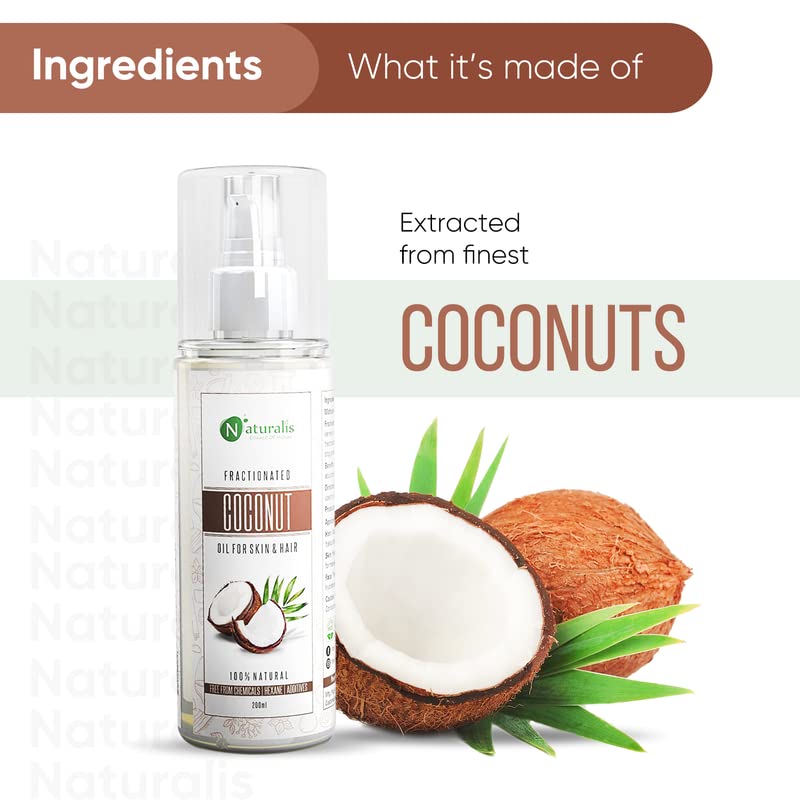 Naturalis Fractionated Coconut Oil for Skin - 100% Pure Moisturizing Carrier Oil, Therapeutic & Odorless, 8oz (200ml) - Perfect for Massage, Hair Care & Aromatherapy