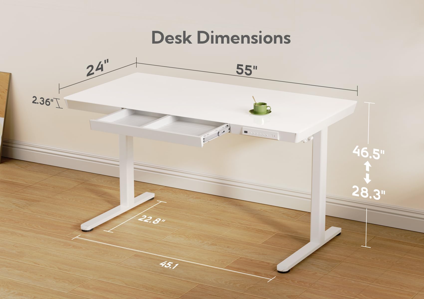 Claiks 55 Inch Adjustable Height Standing Desk with Drawers & USB Ports - White | Quick Assembly Home Office Computer Desk for Work & Study | Ergonomic Sit Stand Workstation for Small Spaces