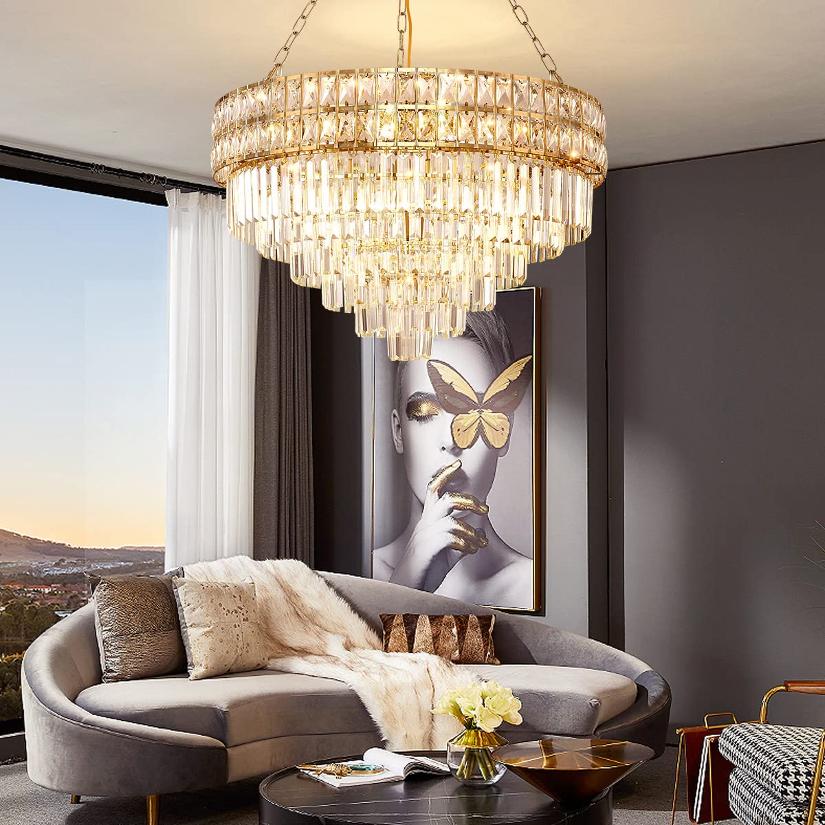 Elegant Modern Crystal Chandelier with Gold Finish - 75cm Round Pendant Light Fixture for Living Room, Dining Room & Restaurant Decor | E14 Base x 15 Lights | Perfect for Wedding Venues, Luxury Homes and Hotel Lobbies