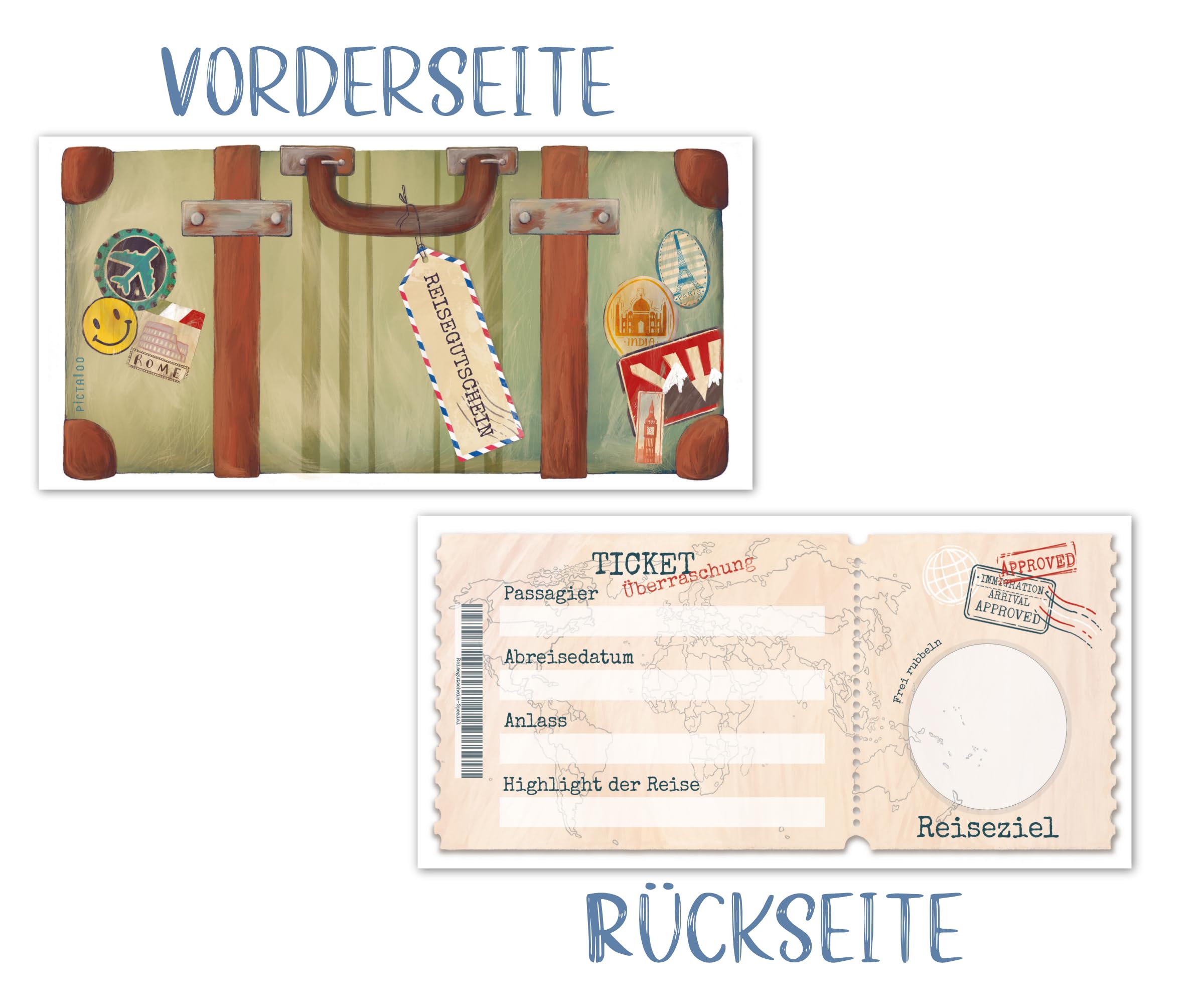 PICTALOO Personalized Travel Voucher Gift Card with Scratch Sticker - Unique Holiday & Flight Ticket Surprise for Birthdays, Anniversaries & Special Occasions - Perfect Money Gift for Travel Lovers