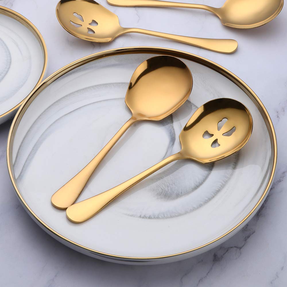Meisha 6-Piece Stainless Steel Serving Spoon Set - 3 Solid & 3 Slotted Spoons, Matte Gold Mirror Finish - Perfect for Buffets, Banquets, Cooking & Kitchen Serving