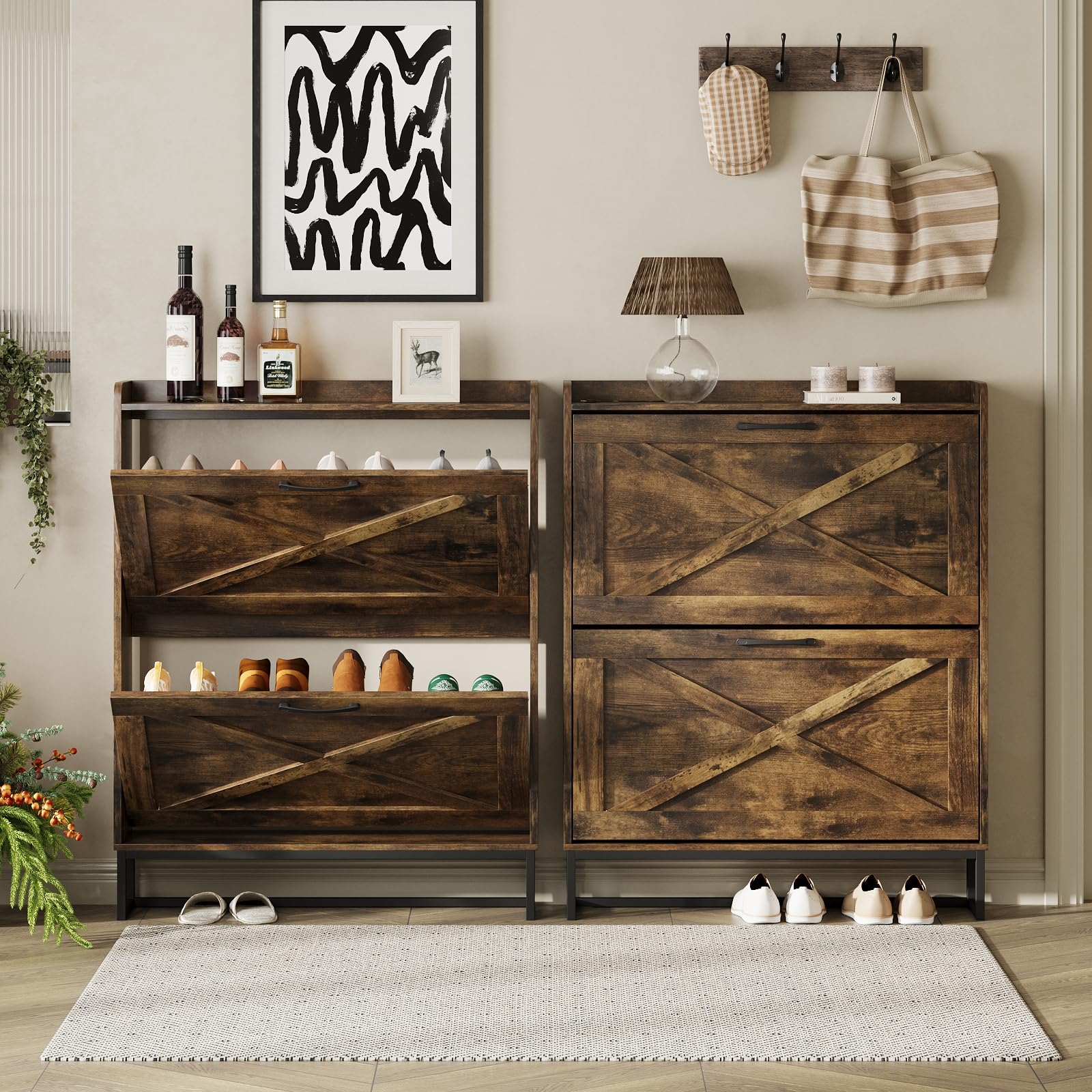 Maupvit Narrow Shoe Cabinet with 2 Flip Drawers - Slim Entryway Shoe Storage Organizer with Metal Legs | Farmhouse Style Free Standing Shoe Rack for Hallway, Closet & Small Spaces