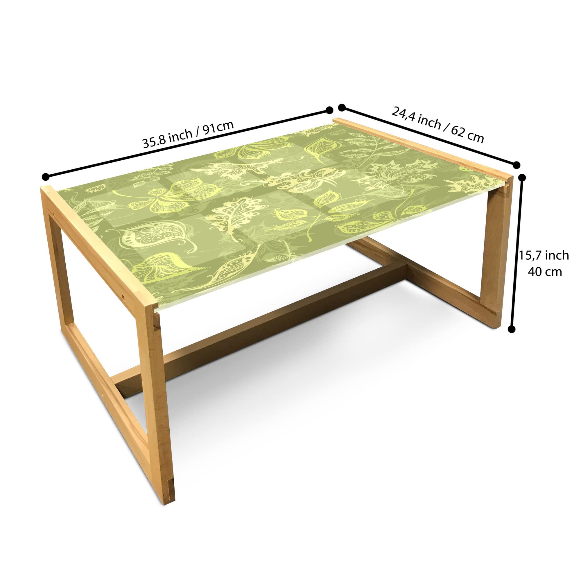 Ambesonne Green Olive Leaf Coffee Table - Acrylic Glass Top with Wooden Frame, Large Modern Center Table for Office, Dorm, Living Room - Home Decor & Plant Lover Gift Idea