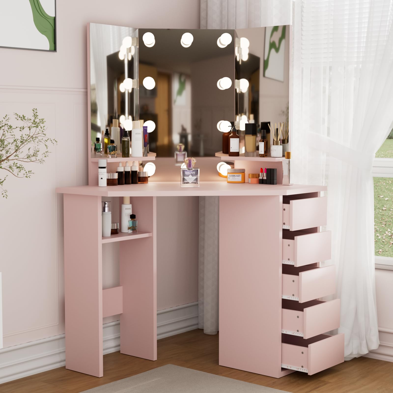 Likein Corner Vanity Desk with Drawers & LED Mirror - Small Pink Makeup Table with Lights for Women & Girls | Perfect for Bedroom, Dorm Room & Apartment Beauty Space