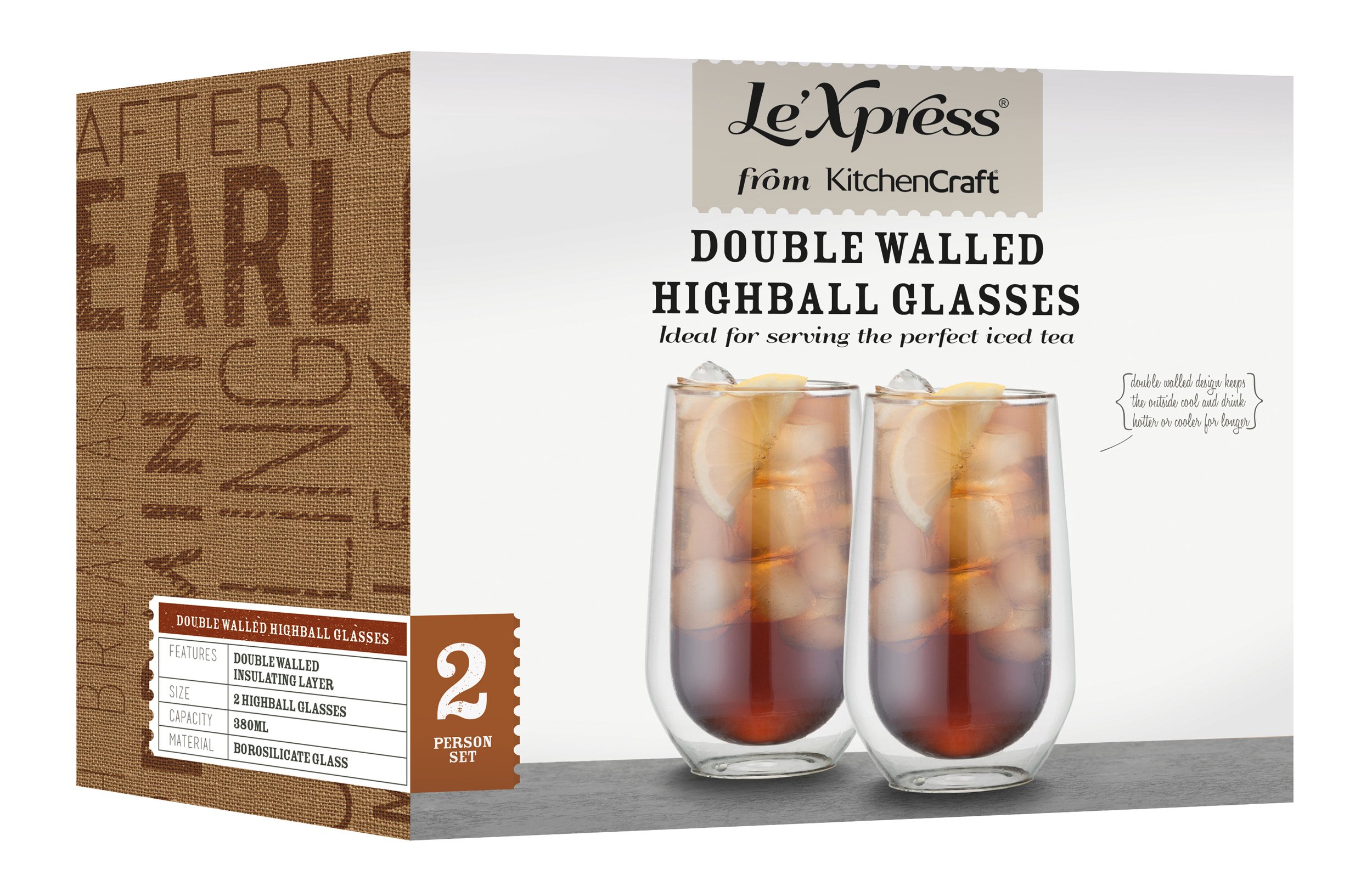 KitchenCraft Le’Xpress Double Walled Insulated Highball Glasses - 12.8 oz (380 ml) Set of 2 - Shatterproof & Sweatproof for Cocktails, Iced Coffee & Cold Drinks - Perfect for Home Bars, Parties & Outdoor Use