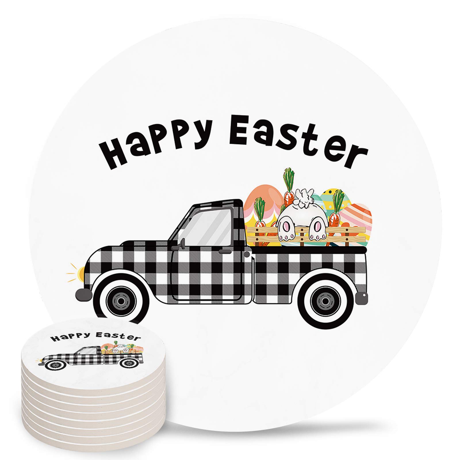 Easter Drink Coasters Set of 8 - Absorbent Ceramic Coasters with Cork Base for Table Protection - Scratch-Resistant for All Cups - Easter Egg Rabbit Truck Design in Black & White - Perfect for Easter Parties, Home Decor & Office Use