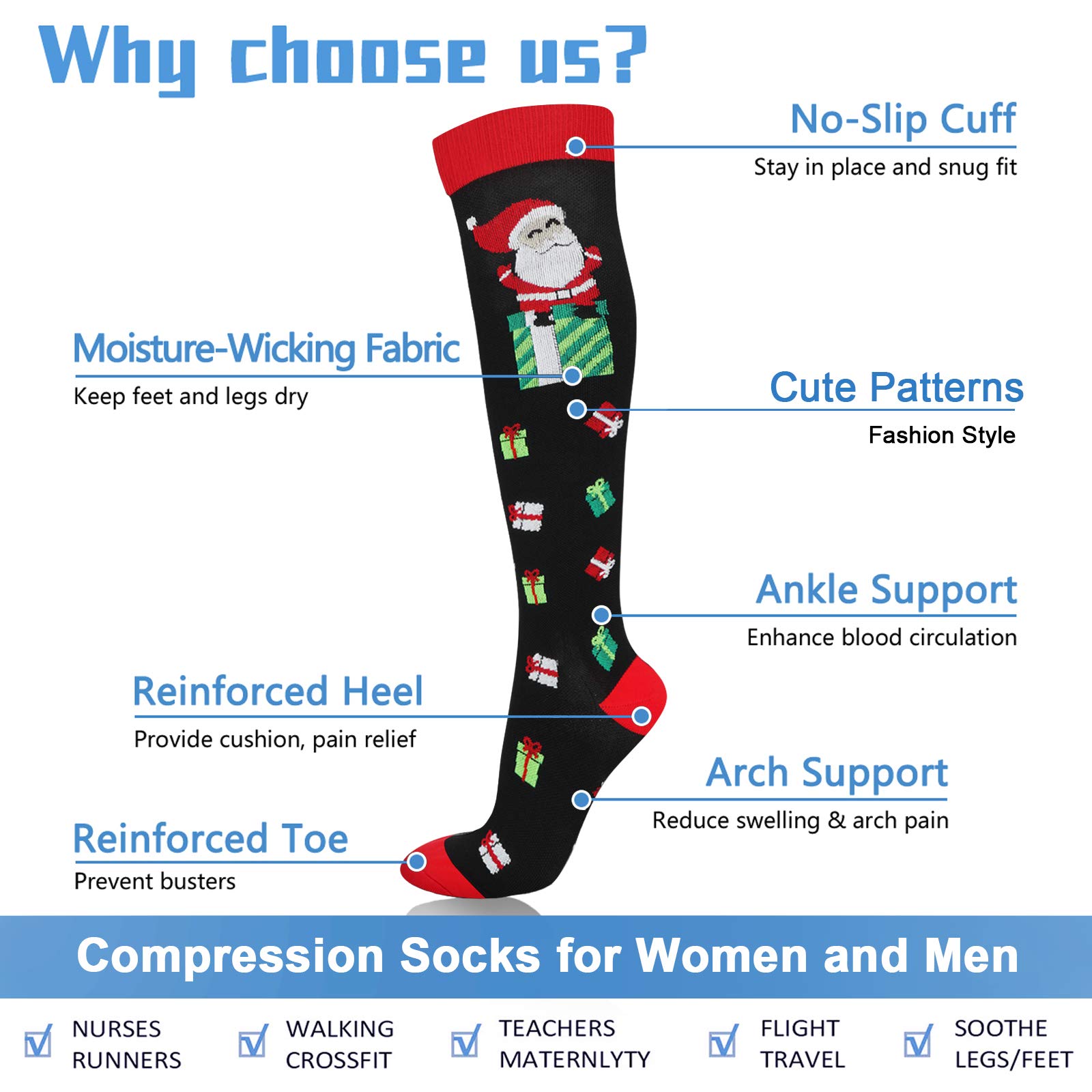 Best 6-Pair Compression Socks for Women & Men - 20-30 mmHg Knee High Support Socks for Nurses, Travel, Pregnancy - Perfect for Work, Sports & Recovery (S/M) - Christmas Gift Idea