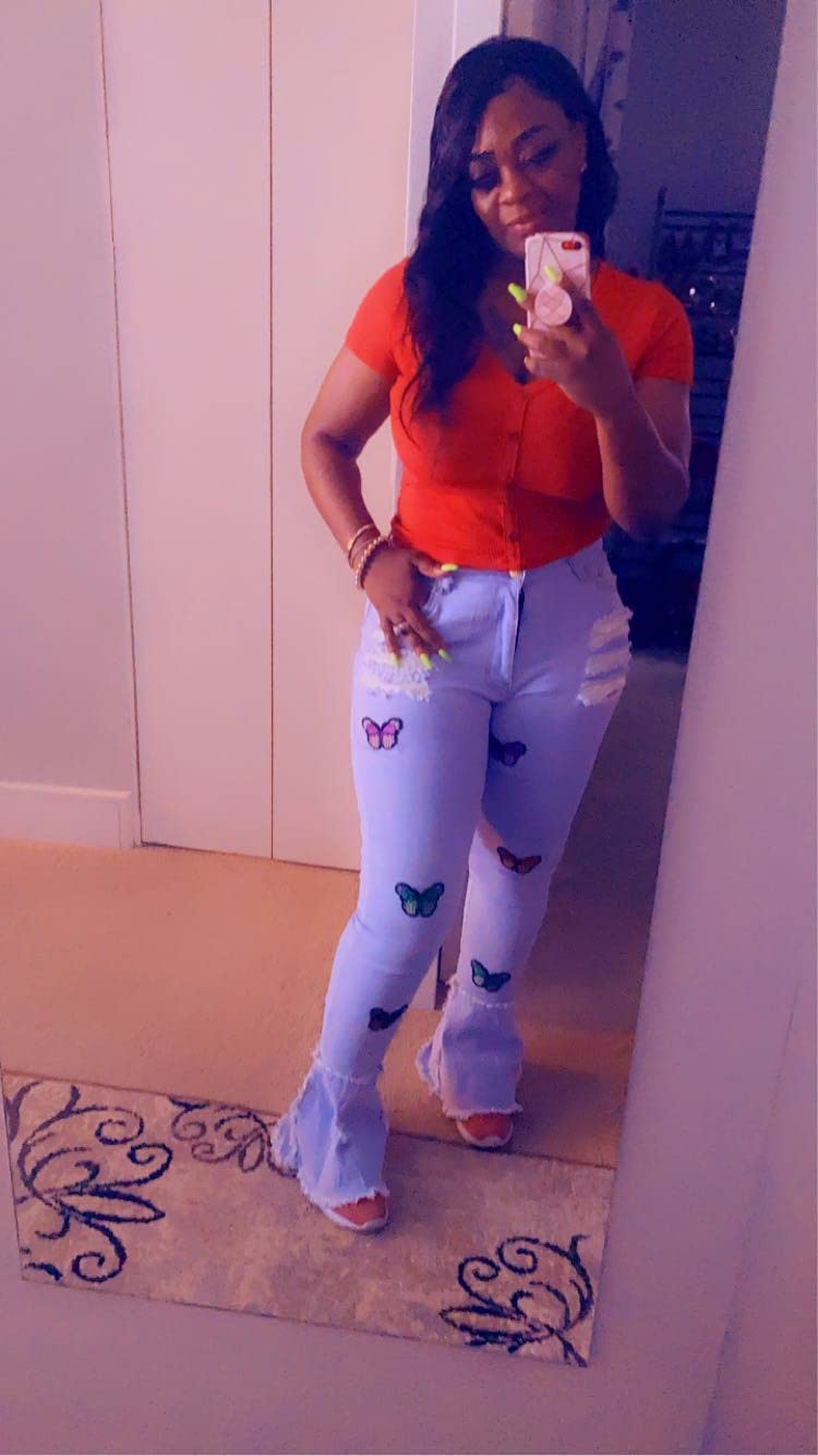 Women's Ripped Flare Jeans - Elastic Waist Raw Hem Denim Pants for Casual Outfits