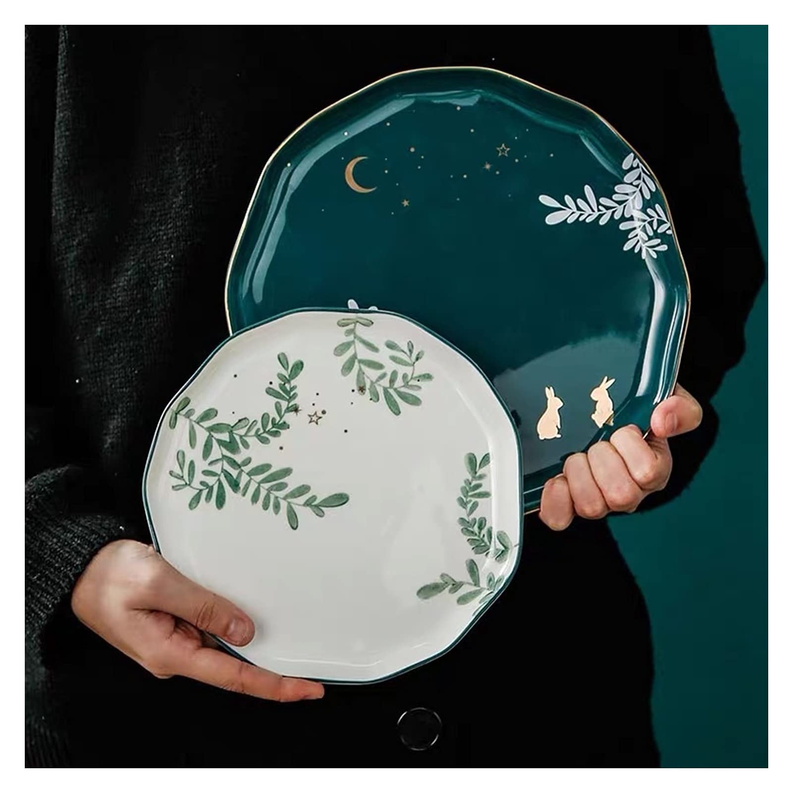 Green Plants Ceramic Dinnerware Set - 12-Piece Dinner Plates, Salad Bowls & Cake Plates for Wedding, Party & Everyday Dining (Color: Emerald) | Elegant Tableware for Home, Restaurants & Special Occasions