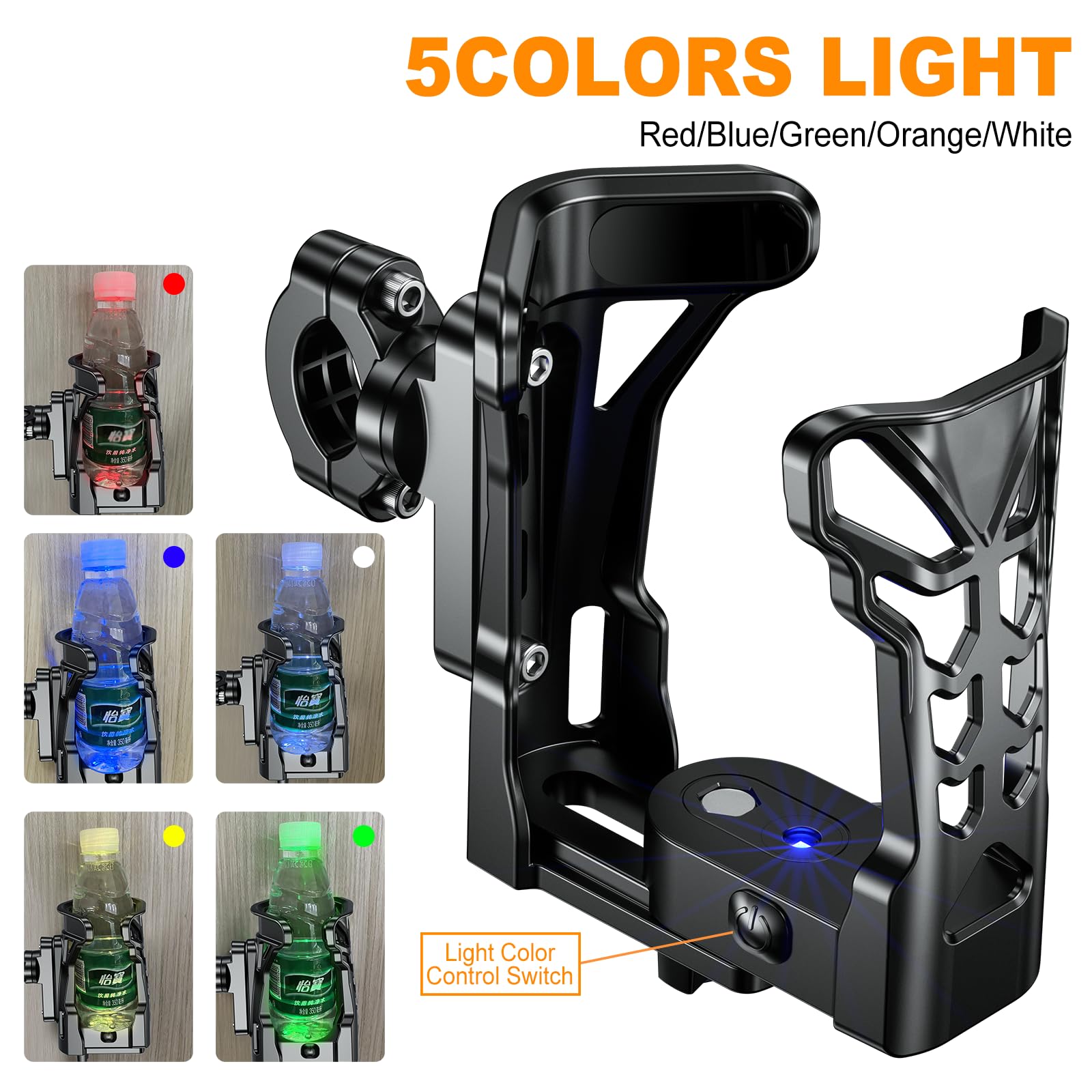 Upgraded Motorcycle Cup Holder with Atmosphere Light - 360° Rotating & Expandable Design, Holds Up to 32oz - Perfect for Bike, Motorcycle, ATV (Matte Black) - Ideal for Road Trips, Commuting & Outdoor Adventures