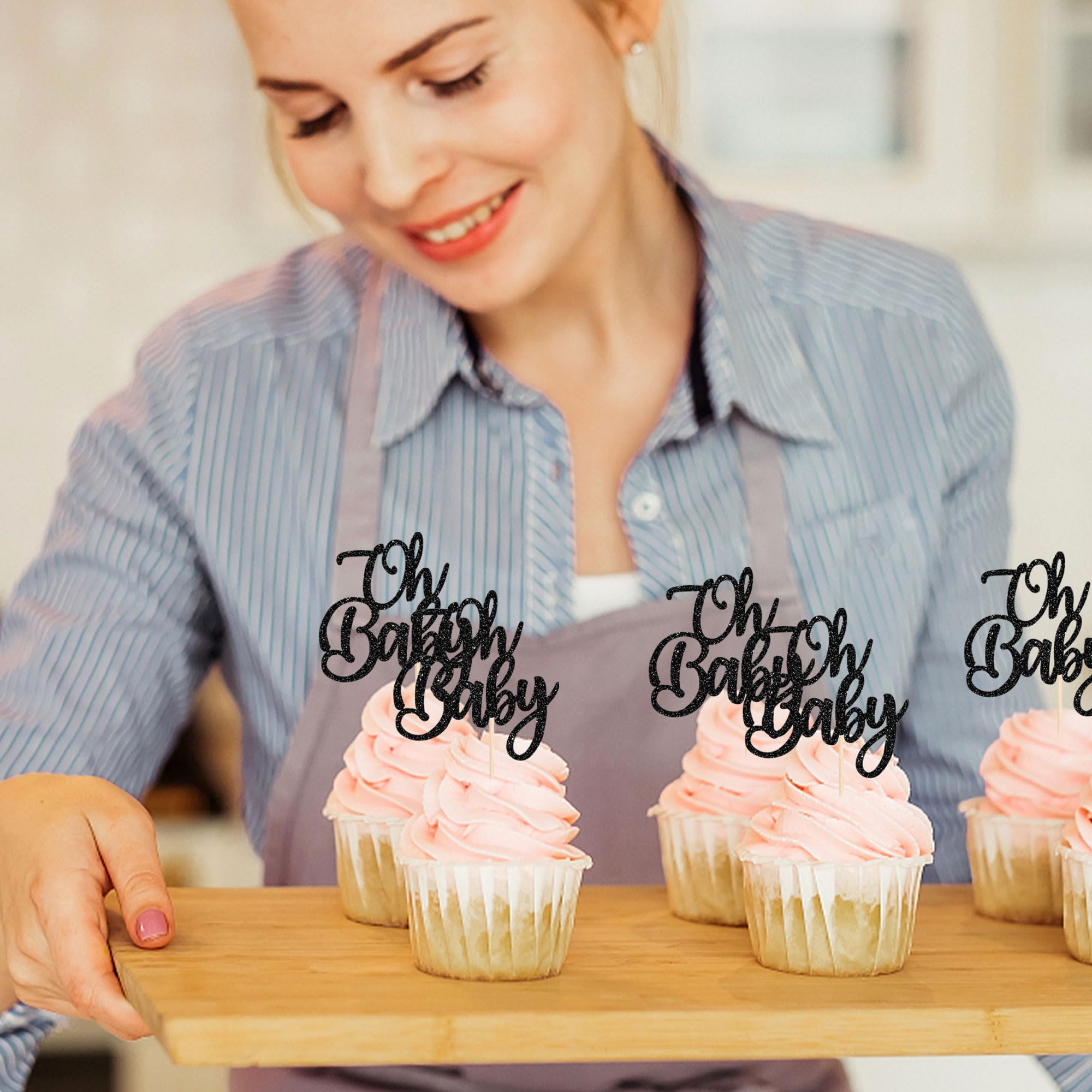 24 Pack Oh Baby Glitter Cupcake Toppers - Baby Shower, Baptism & Birthday Party Cake Decorations for Boys & Girls - Food Safe Toothpicks - Perfect for Gender Reveal, 1st Birthday & Nursery Themed Celebrations