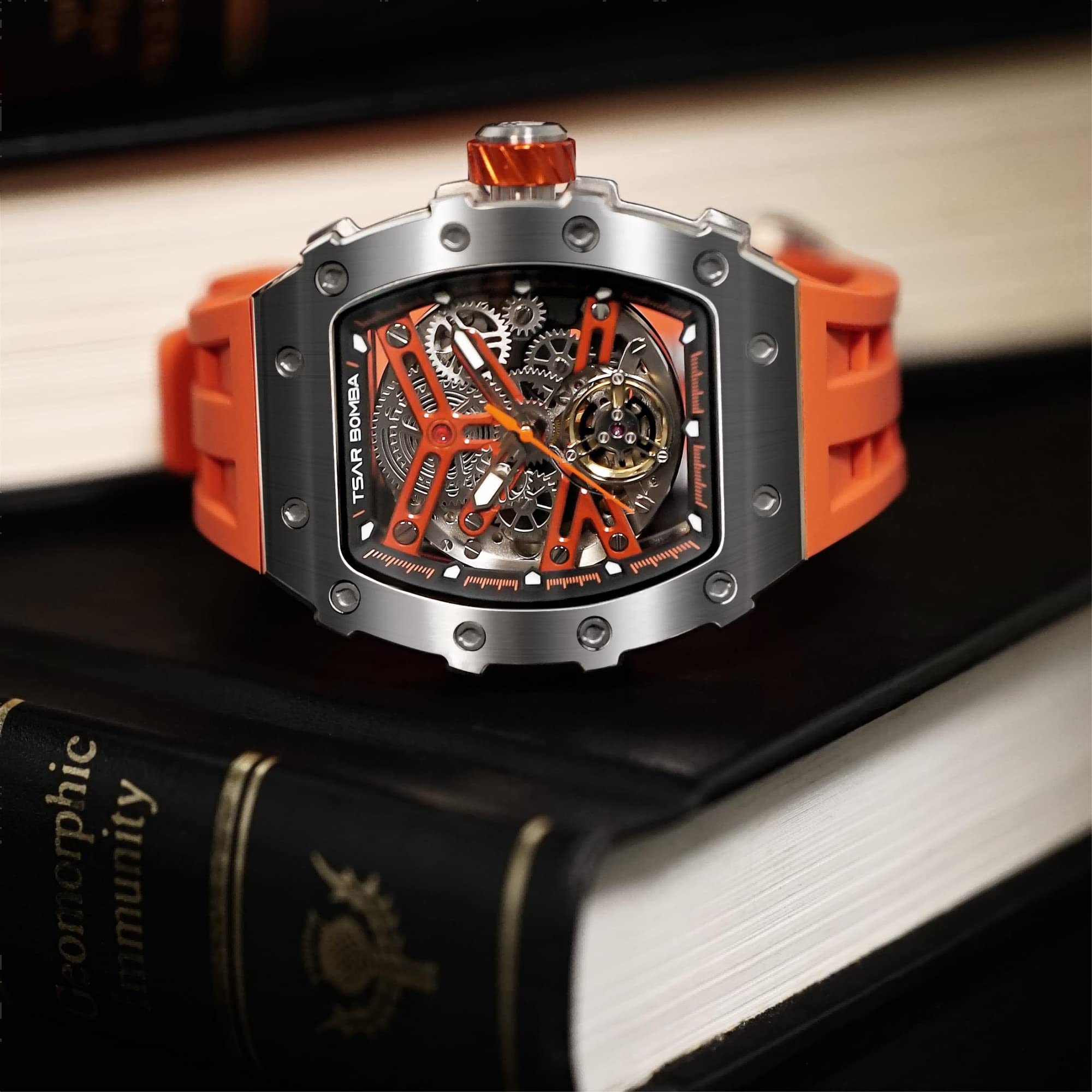 TSAR BOMBA Luxury Men's Watch - 50M Waterproof Tonneau Chronograph with Silicone Band, Mechanical Movement - Perfect for Business, Casual Wear & Gift Giving