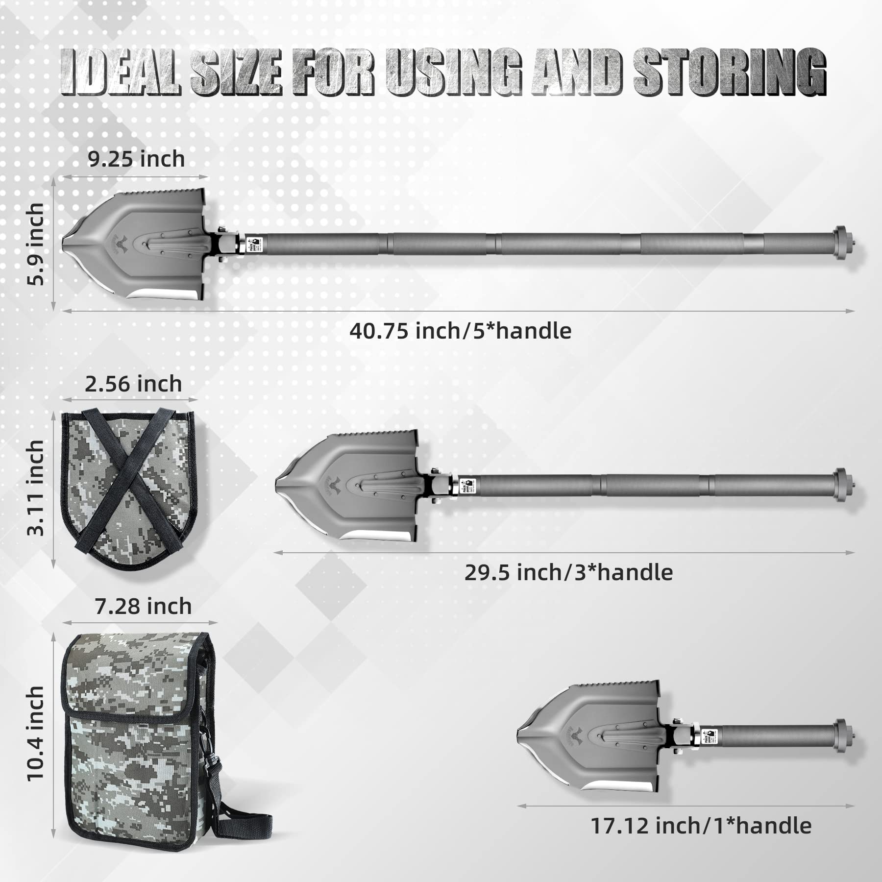 18-in-1 Folding Tactical Shovel - High Carbon Steel Multitool Camping Spade | Compact Collapsible Survival Shovel for Hiking, Emergency Preparedness & Outdoor Adventures | Includes Carrying Bag (Model A-F1)