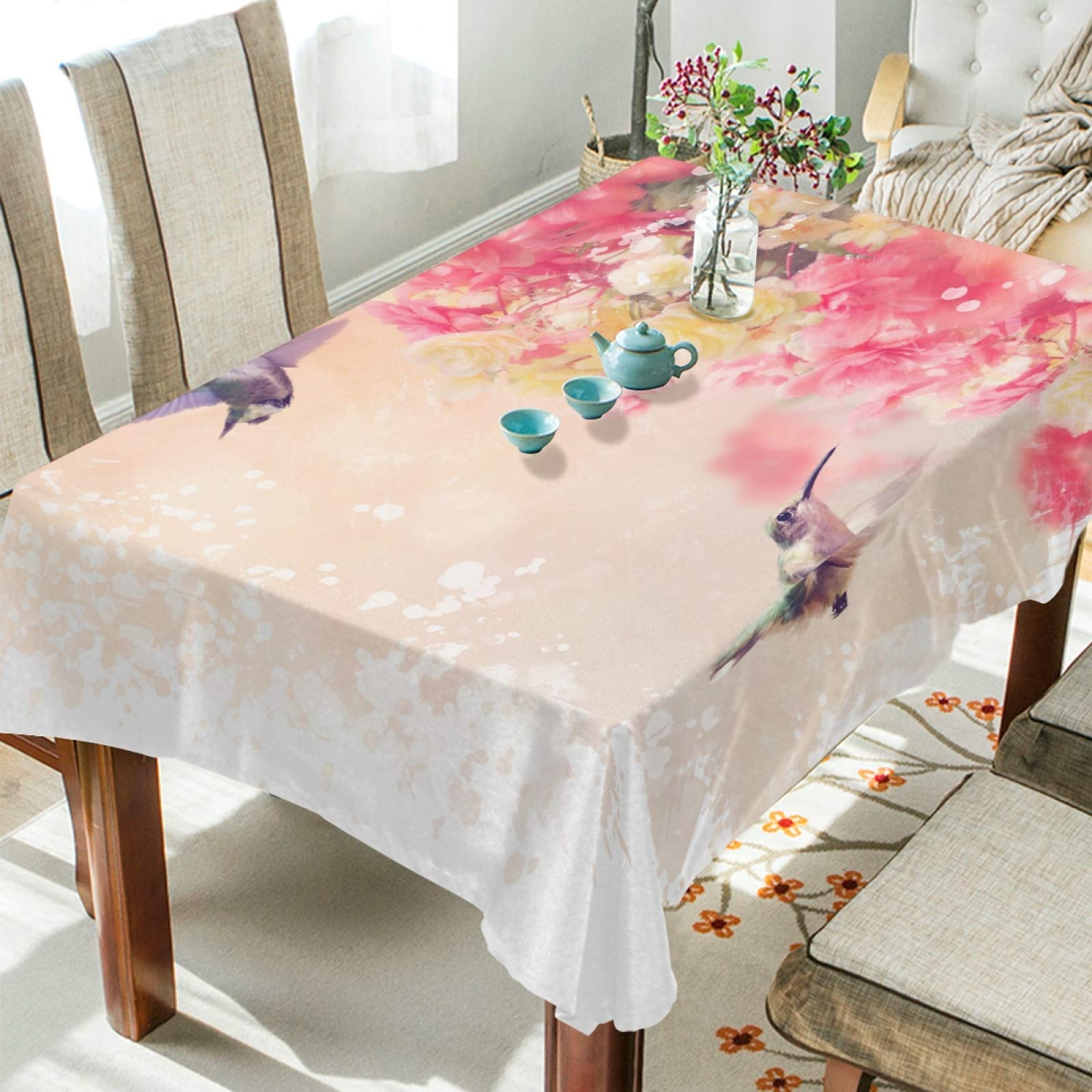 Romantic Hummingbird Pink Floral Tablecloth 54x72 Inch - Modern Rectangle Dining Table Cover for Kitchen, Party & Wedding Decor - Perfect for Indoor/Outdoor Gatherings, Holiday Dinners & Special Occasions