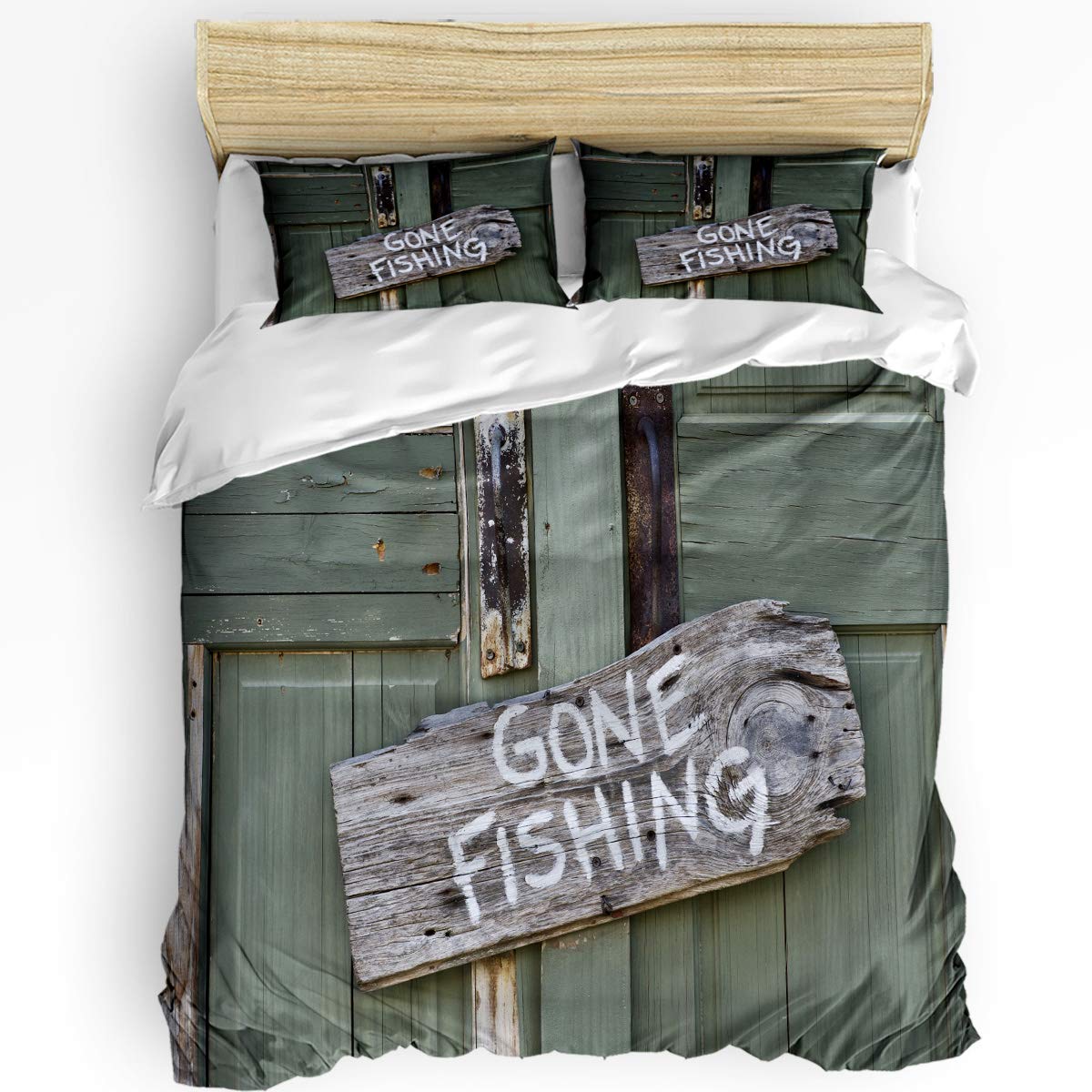 Plelat King 3-Piece Fishing-Themed Duvet Cover Set for Boys & Girls - Wooden Door Print Comforter with 2 Pillowcases | Soft Bedding for Kids' Room, Nursery, or Guest Bedroom