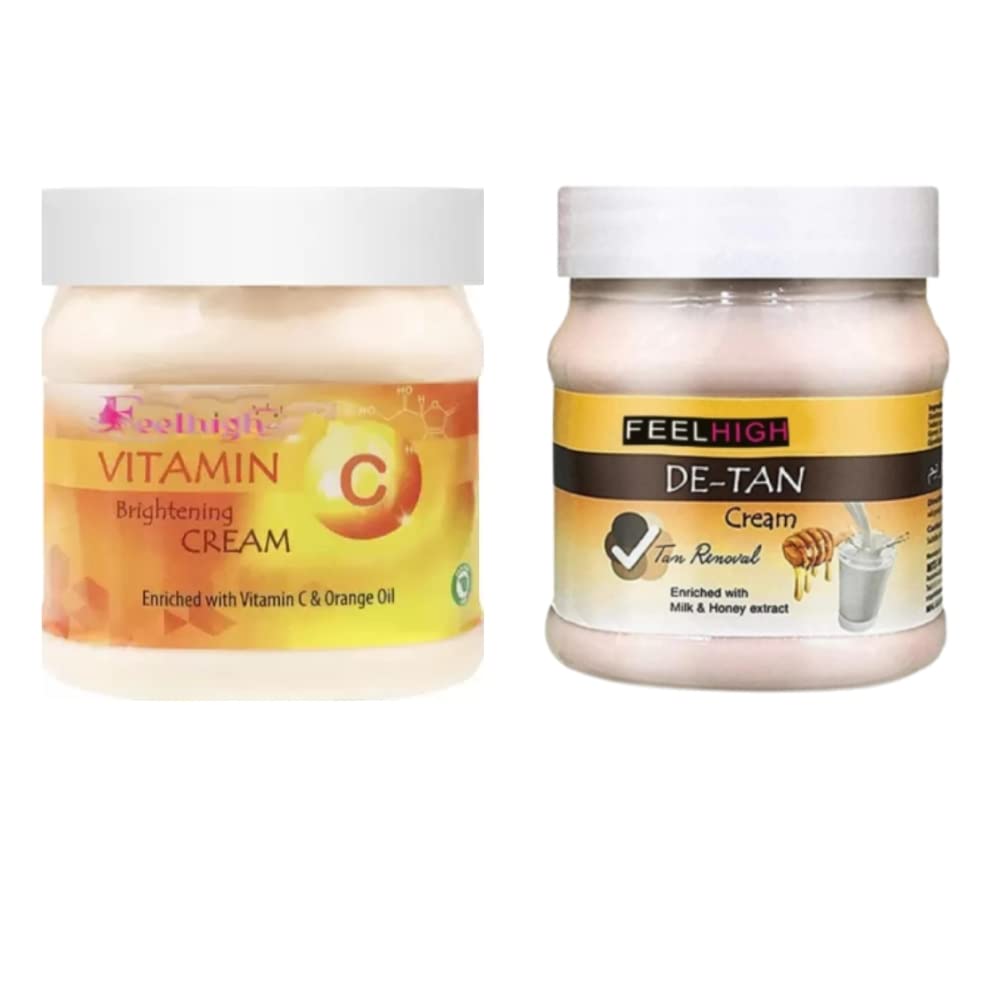 Feelhigh De-Tan Cream & Vitamin C Cream with Orange Oil - Brightening Face & Body Moisturizer (500ml) for Sun Tan Removal & Glowing Skin | Perfect for Daily Skincare & Post-Sun Care