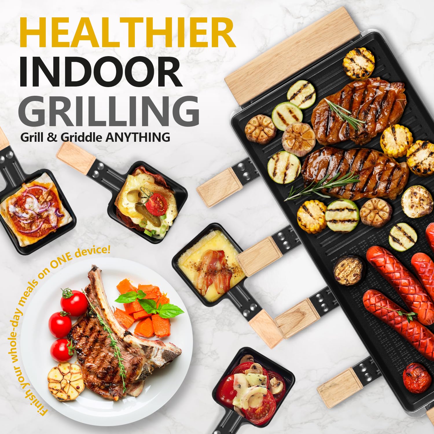 CUSIMAX Electric Indoor Raclette Grill & Korean BBQ - 2-in-1 Nonstick Grill Plate with 8 Cheese Pans, Wooden Spatulas & Base - Perfect for Family Gatherings, Dinner Parties & Holiday Entertaining