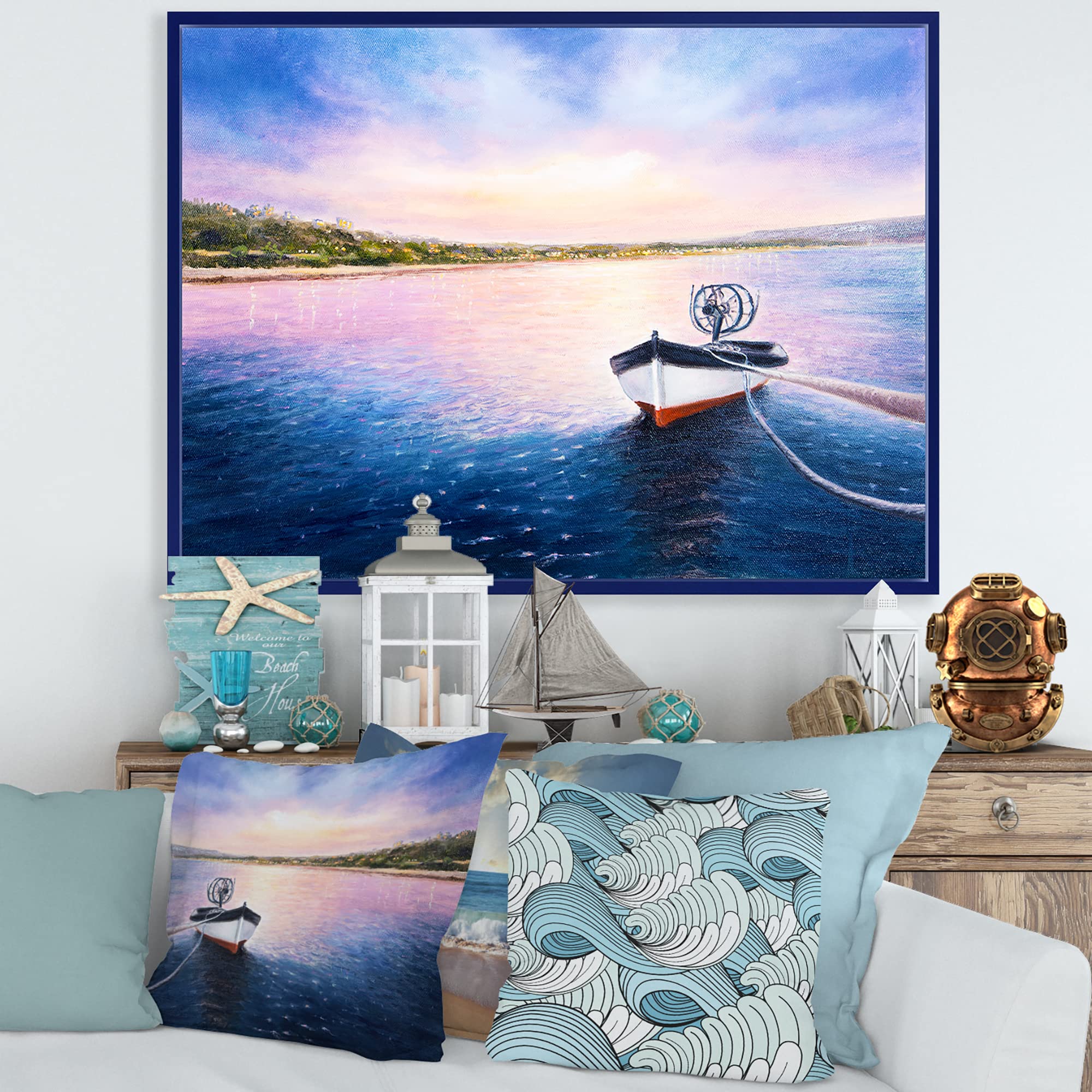 DesignQ Framed Canvas Wall Art Print - Fishing Boat by the Shore at Vibrant Sunset, Perfect for Lake House Decor & Living Room Wall Art