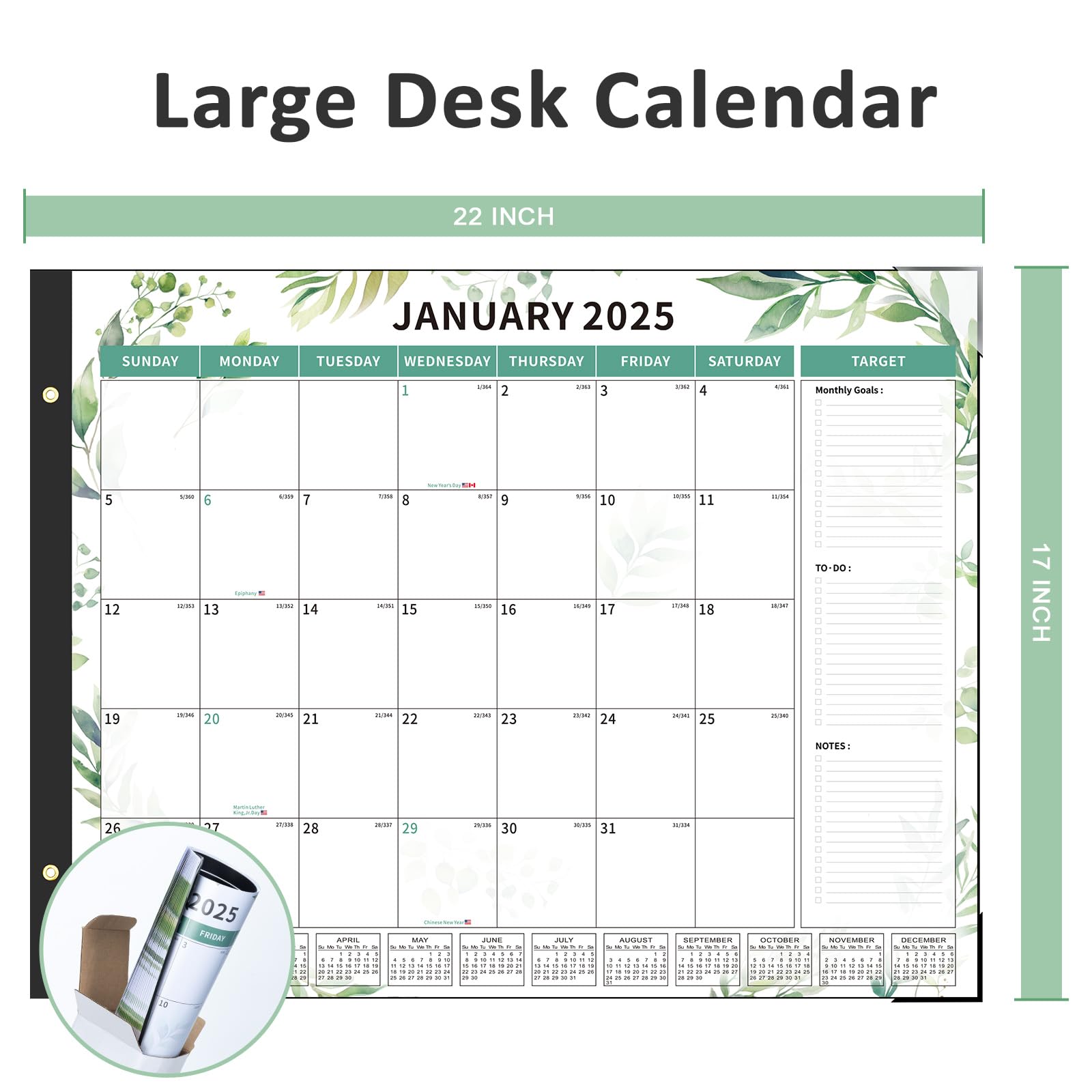 Ospelelf 2025-2026 Monthly Desk Calendar - 22x17 Inch Large Planner with Plastic Cover | 18-Month Green Leaves Design | Perfect for Office, Home & School Organization