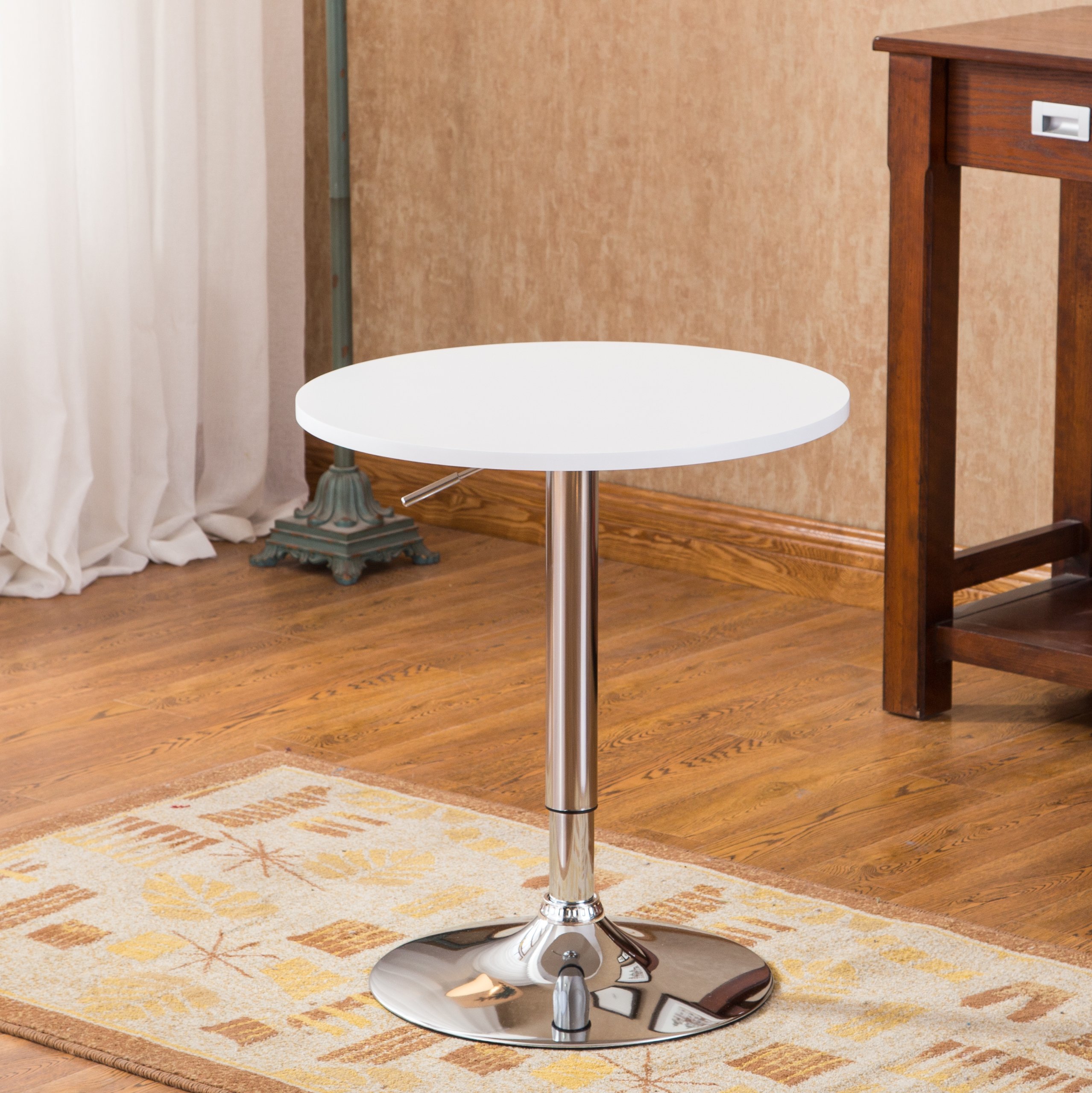 Roundhill Furniture Adjustable Height Bar Table - 36 Inch White Wood & Chrome Metal Counter Height Table for Kitchen, Dining Room, or Home Bar