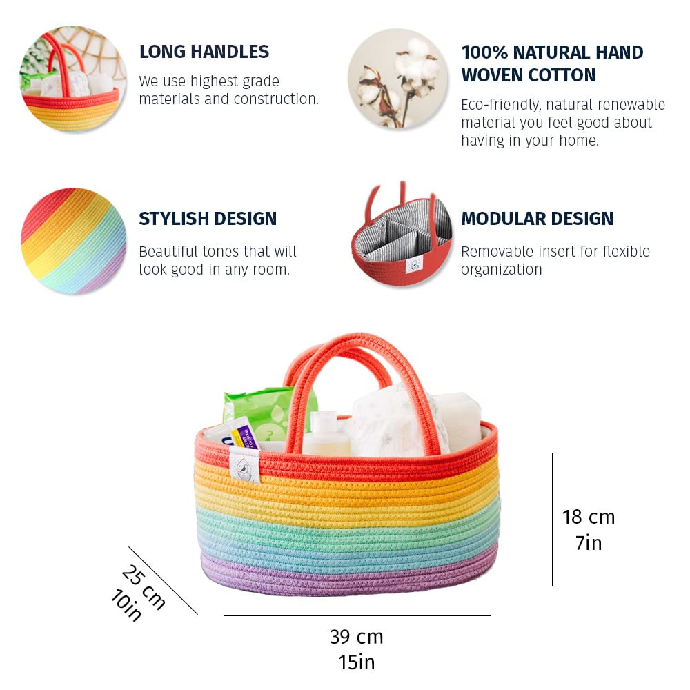 OrganiHaus Rainbow Baby Diaper Caddy Organizer - Woven Rope Nursery Basket for Diapers, Baby Wipes & Essentials | Perfect for Changing Tables, Nursery Storage & Baby Shower Gifts | Stylish & Functional Baby Organizer for Girls & Boys