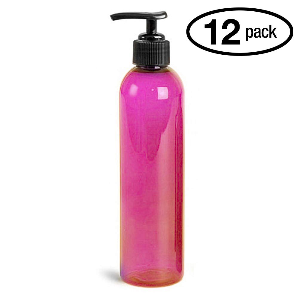 8oz Bullet Round Massage Oil Bottle with Saddle Pump - 12 Pack, Pink | Perfect for Spa, Massage Therapy & Relaxation at Home or Salon