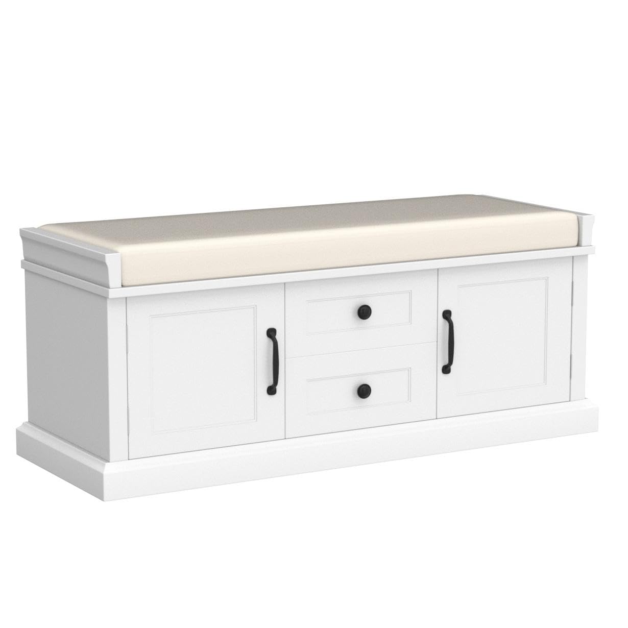 Modern White Wood Storage Bench with 2 Drawers & 2 Cabinets - Entryway, Living Room & Bedroom Furniture for Home Organization & Seating