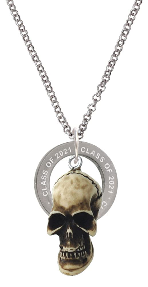 Delight Jewelry Resin Skull Class of 2021 Affirmation Ring Necklace - 23.5 Inch Gothic Punk Style Statement Piece for Graduation, Halloween, and Alternative Fashion