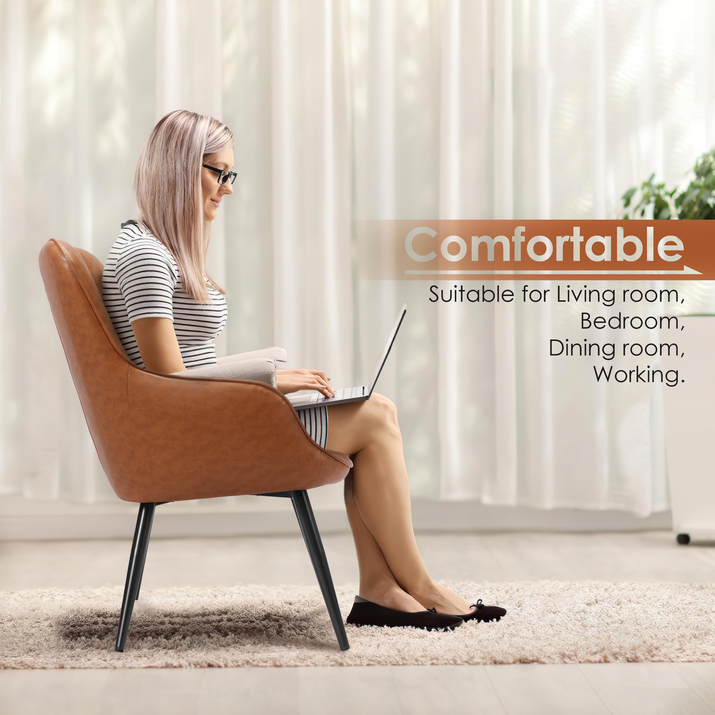 PrimeZone Faux Leather Mid Century Modern Accent Chair - Wingback Armchair with Metal Legs for Living Room, Bedroom, Office & Dining Room - Brown, Set of 2 - Perfect for Home Decor, Reading Nook & Guest Seating