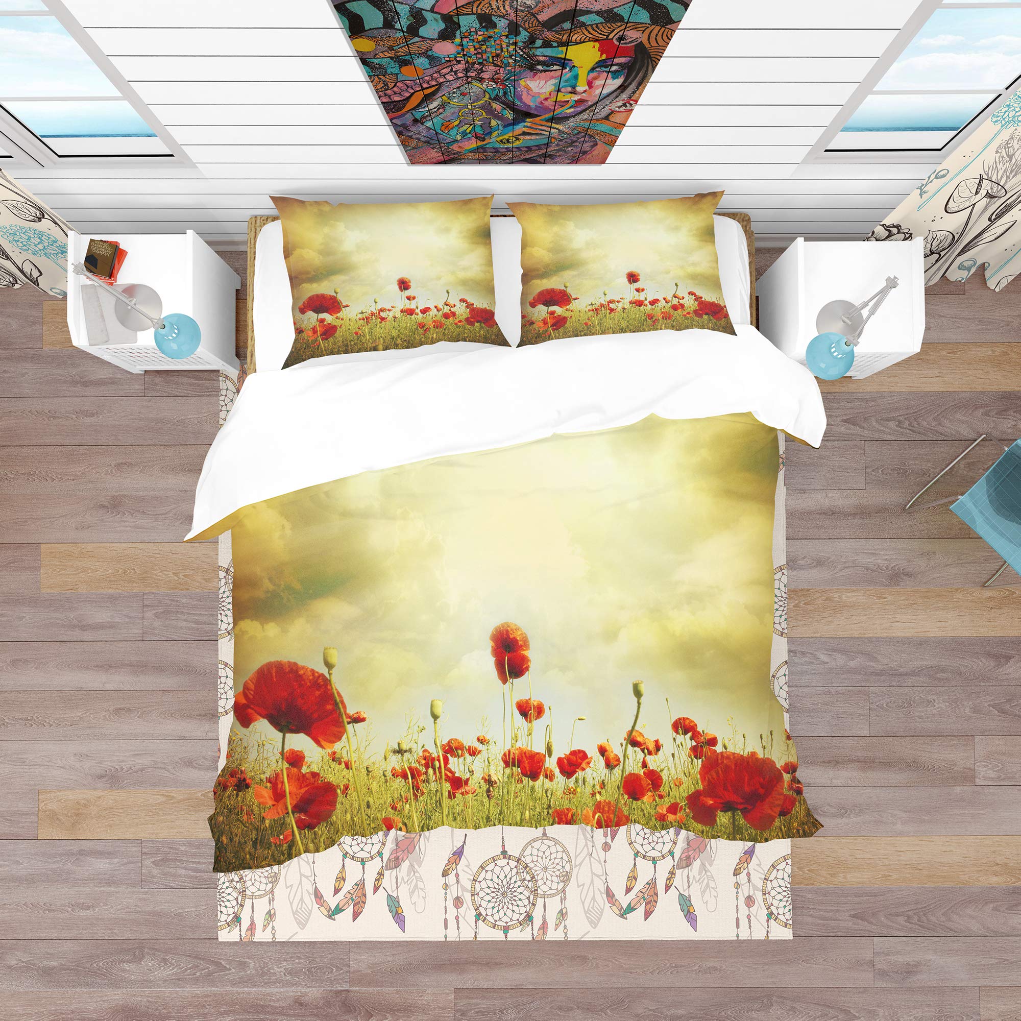 DesignQ Red Poppies on Grunge Background Nautical & Coastal Duvet Cover Set - King Size Floral Bedding 3-Piece Set for All Seasons | Perfect for Beach House, Coastal Decor & Master Bedroom