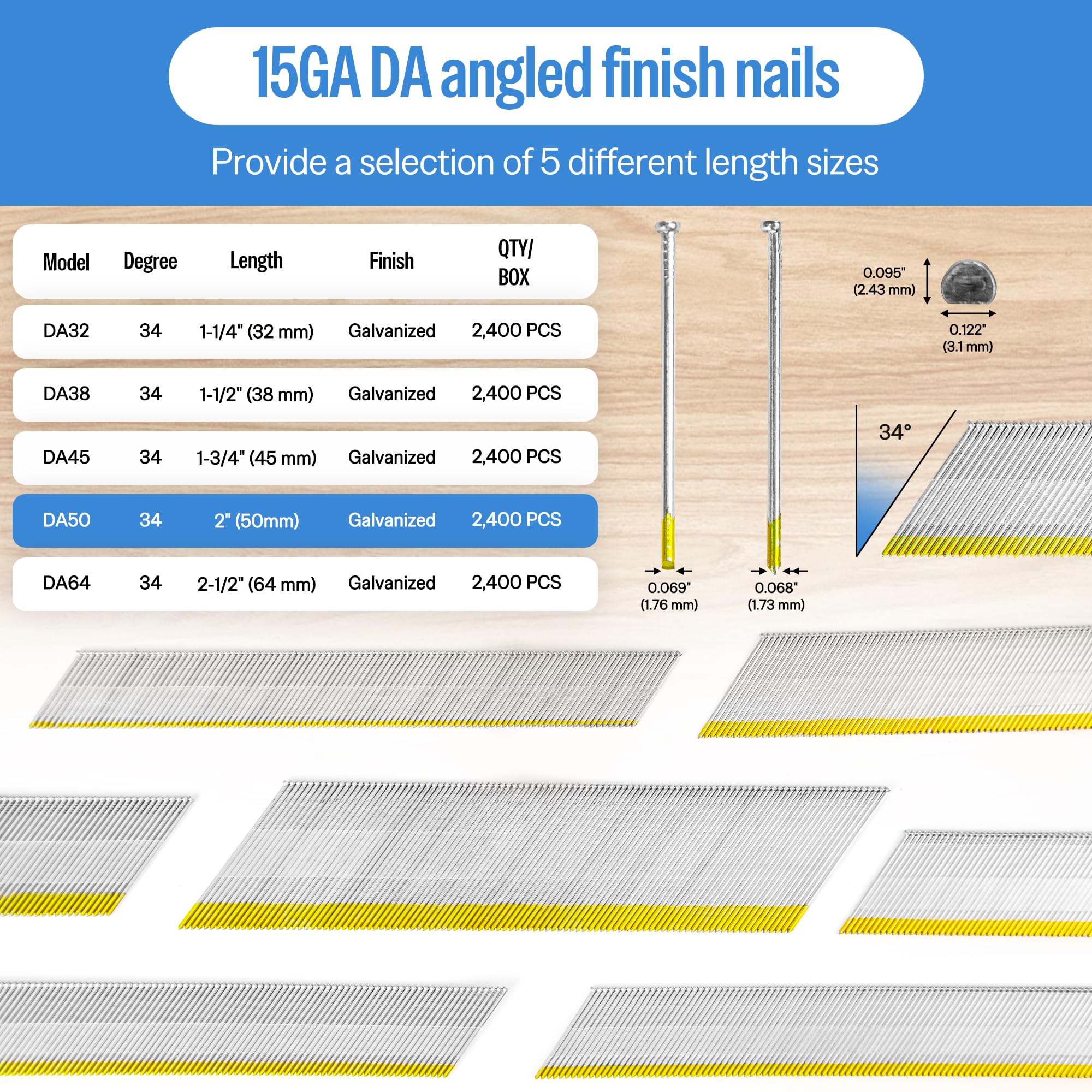 Meite 2 Inch DA Style Nails (2,400 Counts) - 15 Gauge 34-Degree Angled Finish Nails Galvanized - Ideal for Moldings, Trimming, Finish Works & DIY Projects - Perfect for Crown Molding, Baseboards & Furniture Assembly