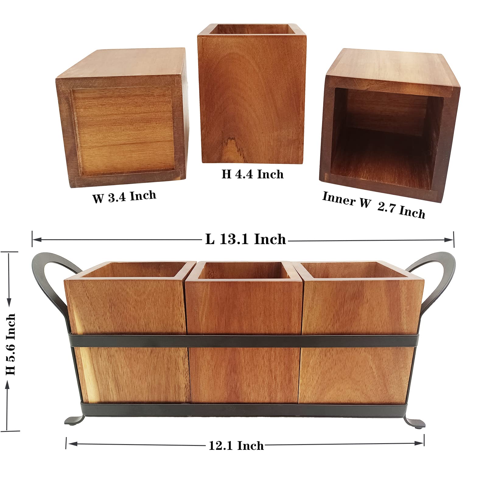 Wooden Utensil Caddy with 3 Compartments & Metal Tray - Rustic Silverware Organizer for Farmhouse Kitchen Countertop | Perfect for Dining Room, Kitchen Drawer, and Countertop Organization