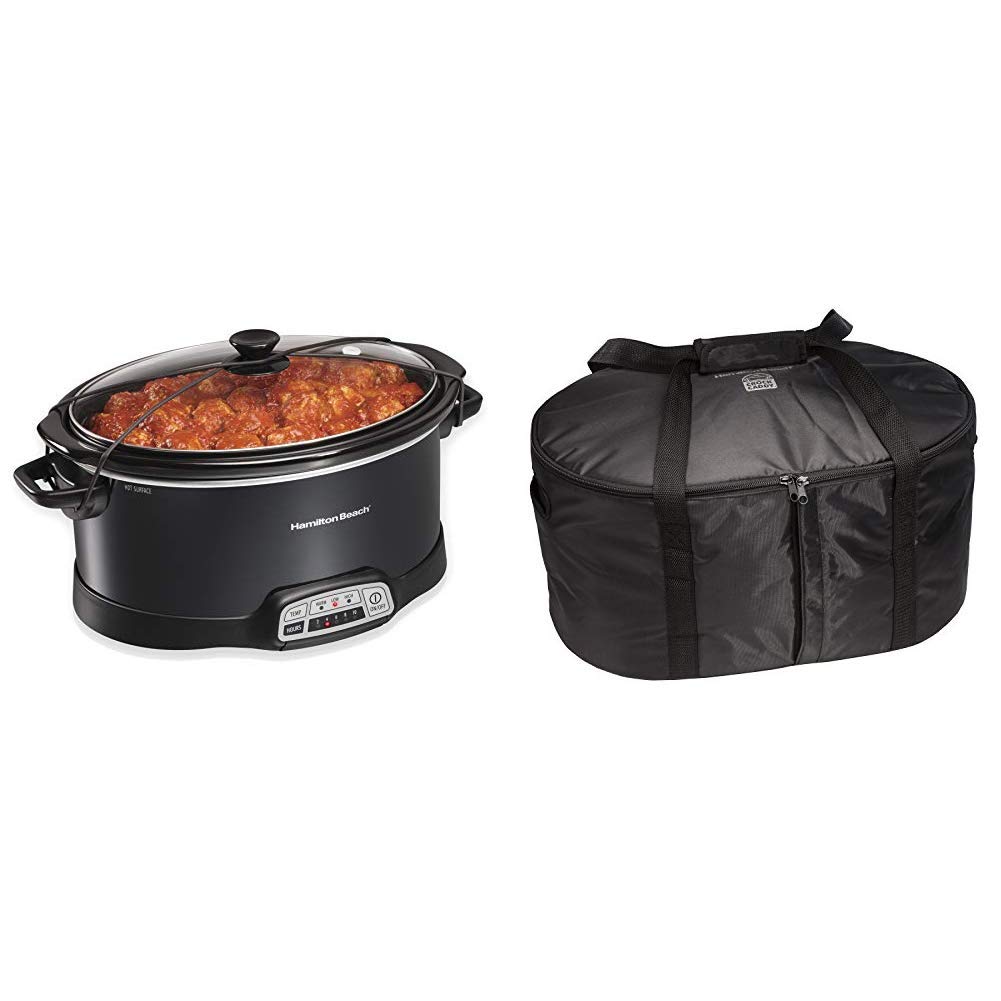 Hamilton Beach 7-Quart Programmable Slow Cooker with Lid Lock & Travel Case Set - Black (33474 & 33002) - Perfect for Family Dinners, Potlucks, and Traveling with Hot Meals