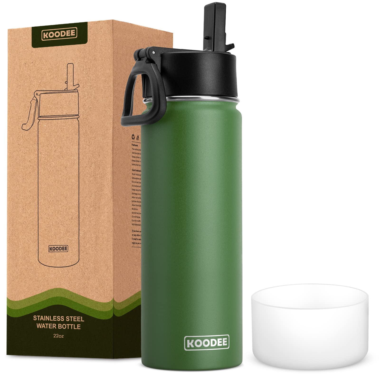 **KOODEE 22oz Stainless Steel Vacuum Insulated Water Bottle - Leakproof Straw Lid, Reusable Metal Sports Bottle for School, Gym & Outdoor Activities (Grass Green)**