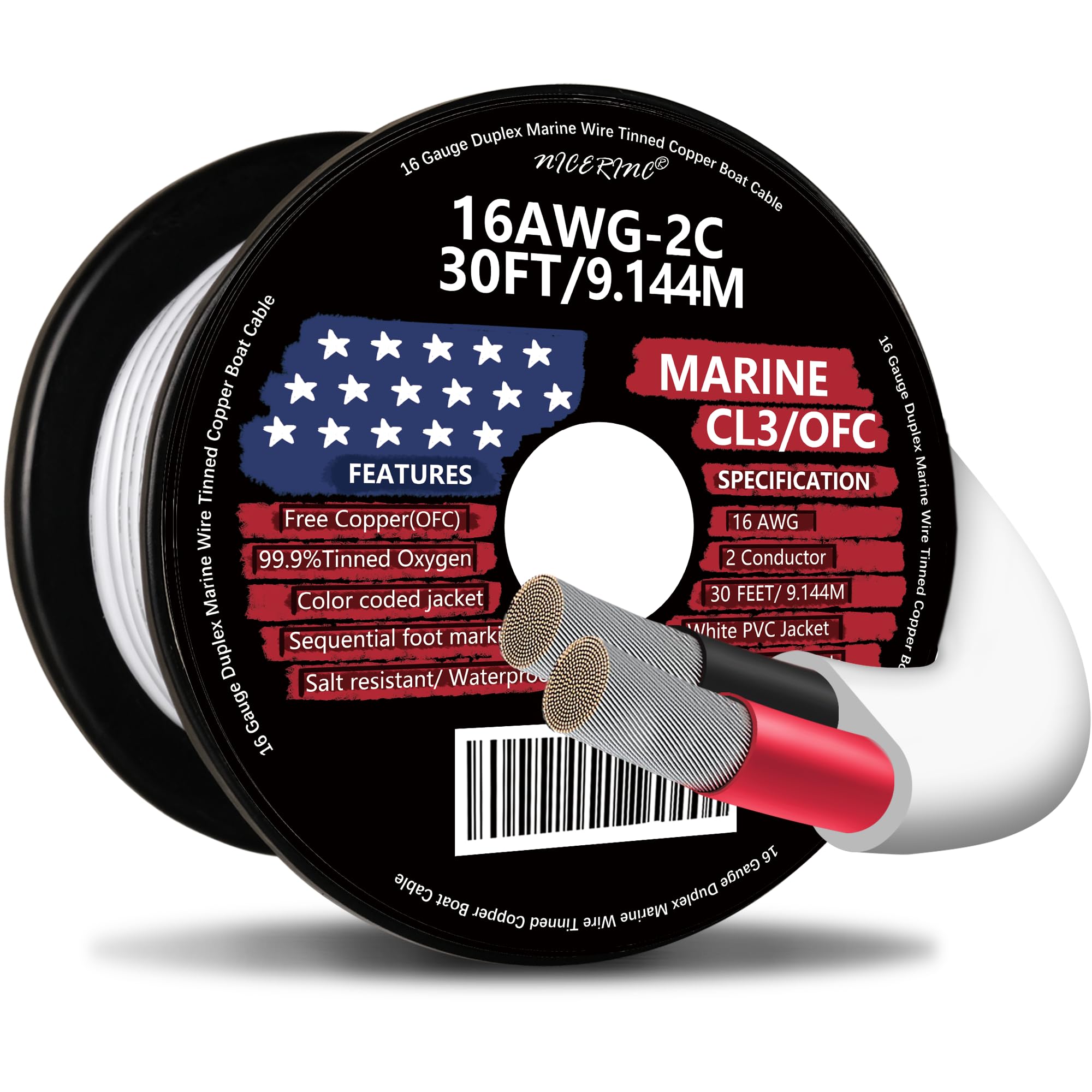 16 Gauge Duplex Marine Wire Tinned Copper Boat Cable, 30ft 16 AWG OFC Oxygen Free Copper Wire for Outdoors, Automotive, Boat, Speakers, Solar, RV, Camper, Trailer - Ideal for Marine, Audio, and Power Applications