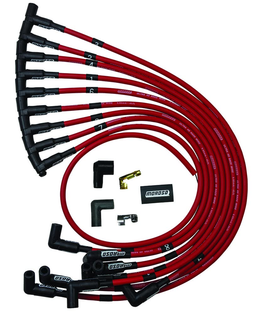 Moroso 73684 Ultra 40 Red Spark Plug Wire Set - 90 Degree Plug Ends, HEI Distributor Compatible, Over Valve Cover Routing - High Performance Ignition Wires for Classic Cars & Hot Rods