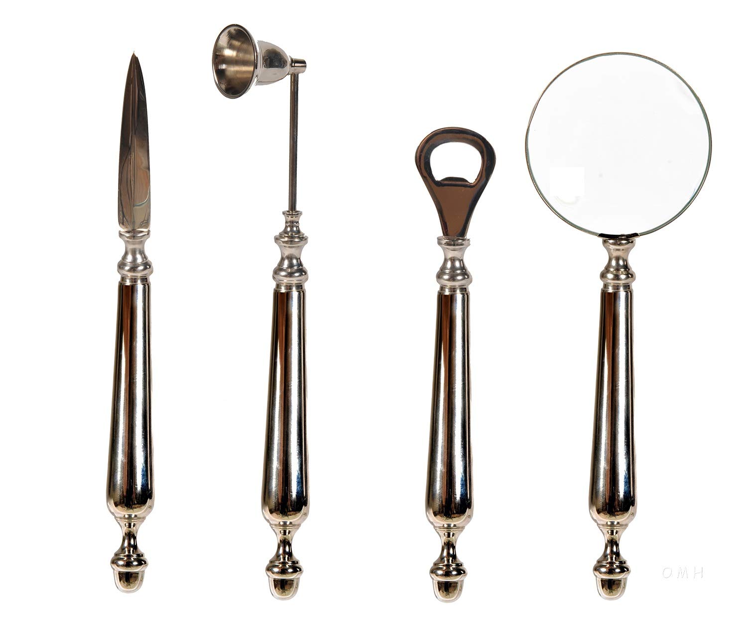 Antique Style Handicraft Magnifier, Letter Opener, Bottle Opener & Candle Snuffer Set - Vintage Brass Multi-Tool for Reading, Mail, Wine & Home Decor