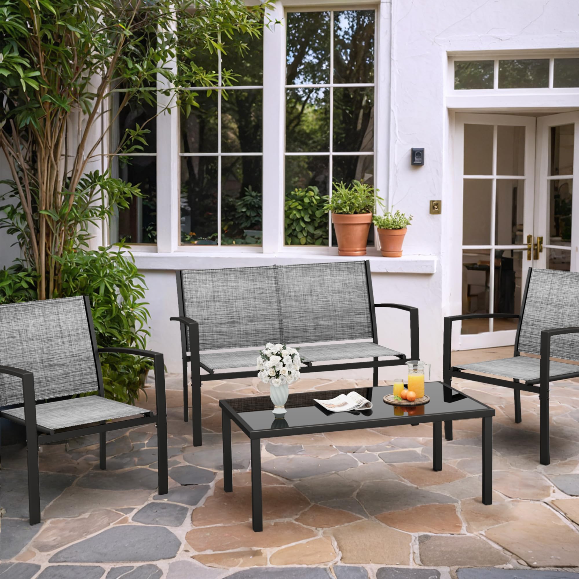 Rankok 4-Piece Modern Outdoor Patio Furniture Set - Textilene Wicker Conversation Set with Loveseat, 2 Chairs & Coffee Table - Waterproof & UV Resistant for Porch, Lawn, Poolside, Balcony or Backyard (Gray) - Perfect for Relaxing, Entertaining & Outdoor Dining