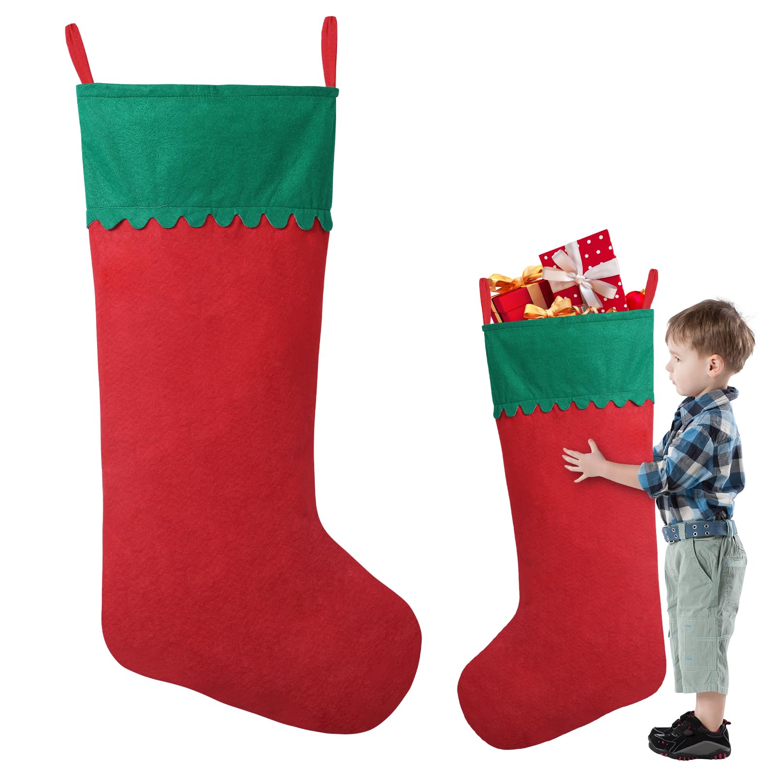 1 Pack Jumbo Felt Christmas Stockings - 38 Inch Large Red & Green Holiday Stockings for Fireplace, Xmas Tree Decor | Perfect for Family Gift Exchange, Christmas Party & Festive Home Decoration | Durable Holiday Decor for Mantel, Staircase & Wall Hanging