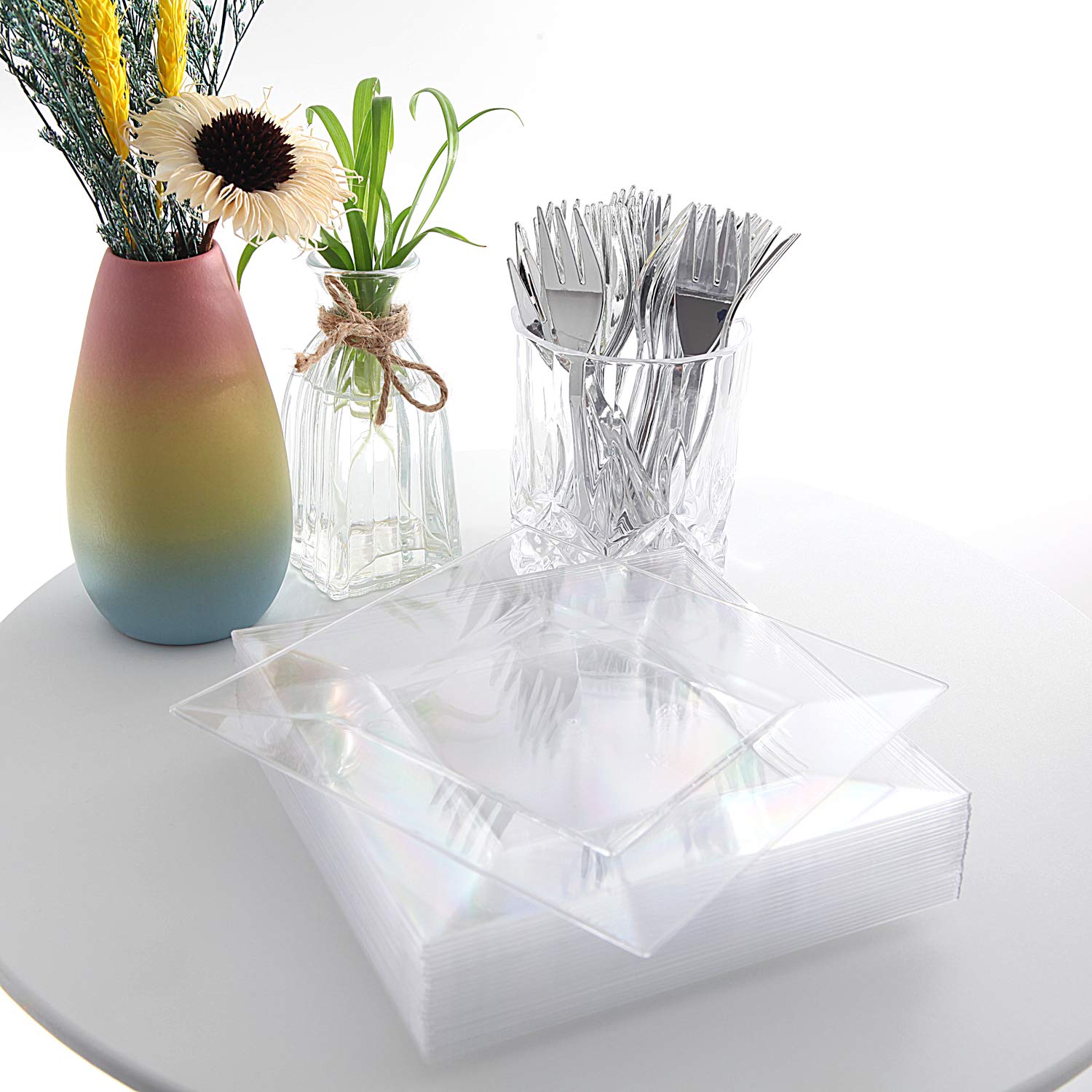 100-Piece Clear Square Dessert Plates Set with 100 Silver Plastic Forks - Elegant Appetizer Plates for Weddings, Parties & Events - Perfect for Cocktail Receptions, Bridal Showers & Birthday Celebrations