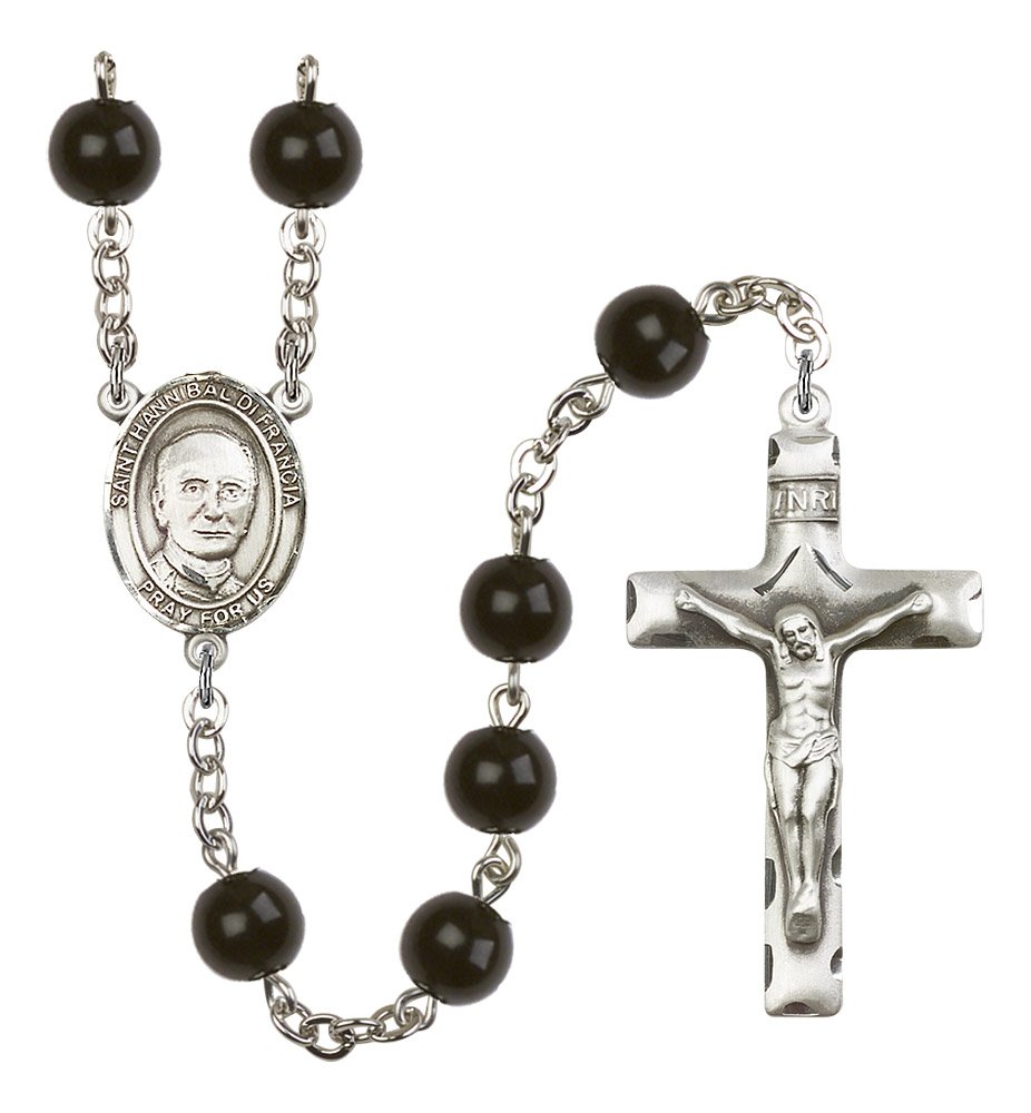 Silver Plate Rosary with 7mm Black Onyx Beads - 1 3/4 x 1 Crucifix & St. Hannibal Medal Centerpiece | Catholic Prayer Beads for Devotion, Meditation & Spiritual Gifts
