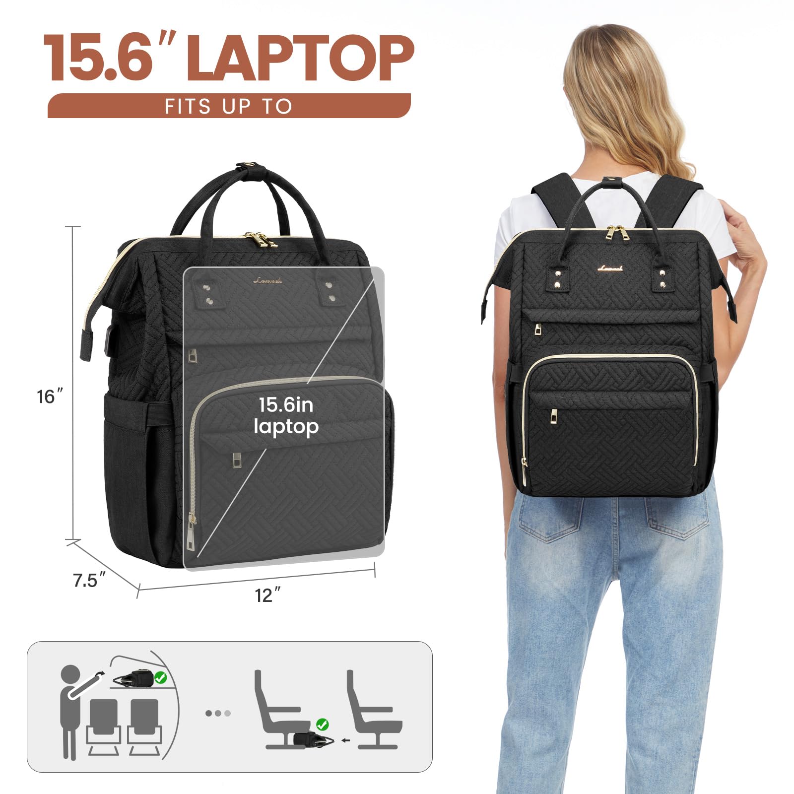 LOVEVOOK 15.6 Inch Laptop Backpack for Women - Waterproof USB Charging Travel Backpack, Professional Work Bag for Nurse, Teacher & Business - Stylish Black Plait Design for Commuting, College & Daily Use
