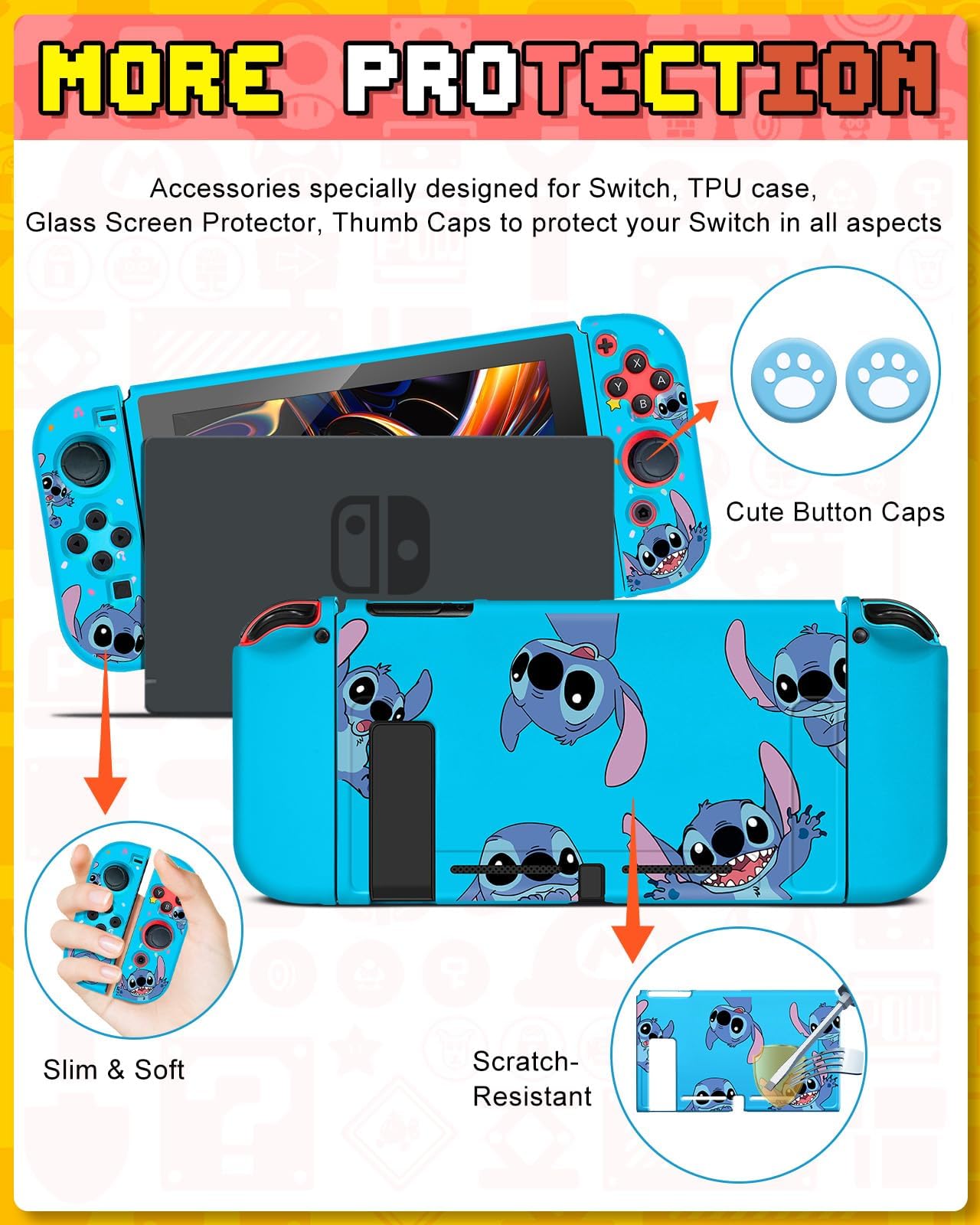 Nintendo Switch 9-in-1 Accessories Kit with Travel Case, Protective Cover, Game Holder, Strap, Stickers & Joycon Shells - Perfect for Kids & Travel | Cute Stit Design for Boys & Girls