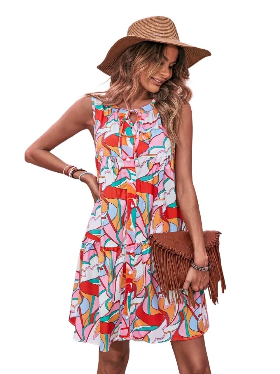 IFAJOOR Women's Summer Dresses - Allover Print Tie Neck Ruffle Hem Smock Dress, Casual Flowy Midi Dress for Beach, Vacation & Everyday Wear (Multicolor, Size L)