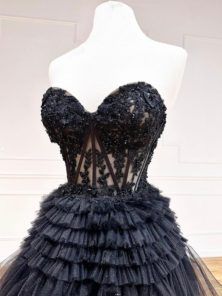 Elegant A-Line Sweetheart Neck Lace Black Long Prom Dress for Women - Perfect for Formal Events, Evening Gala, Homecoming & Special Occasions