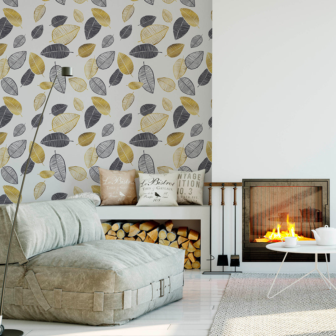Hand Drawn Leaves Wallpaper CC164 - Botanical Peel and Stick Wallpaper for Bedroom, Living Room & Nursery - Self-Adhesive Removable Wall Decals