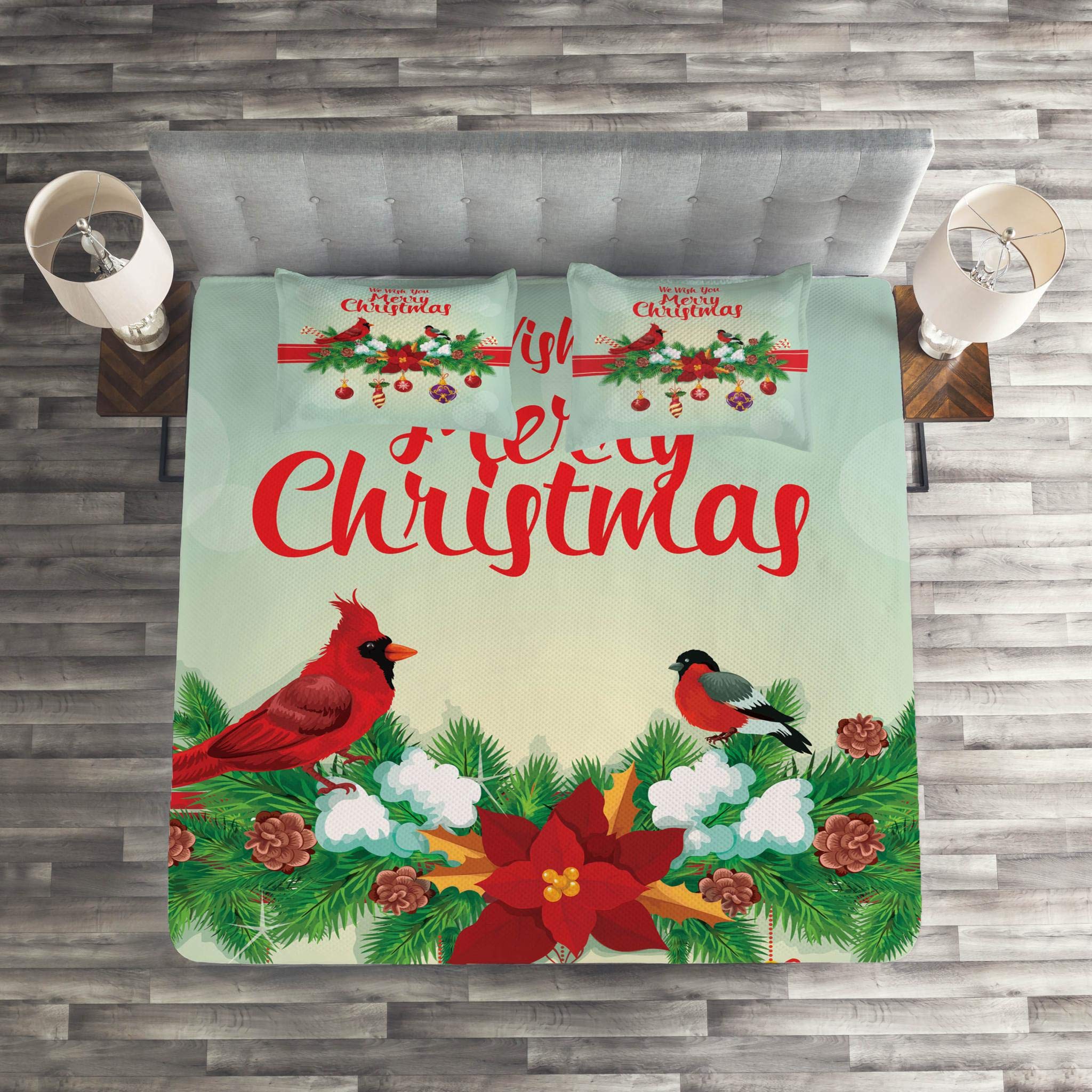 Lunarable Cardinal Christmas Quilted Bedspread Set - 3 Piece King Size Coverlet with 2 Pillow Shams, Festive Holiday Design Featuring Hanging Baubles Garland & Bullfinch Birds on Bokeh Backdrop - Perfect for Winter Bedroom Decor & Seasonal Home Styling